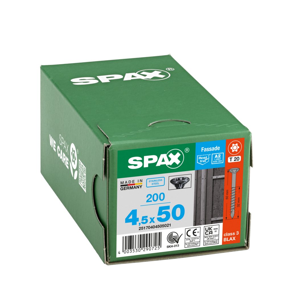 SPAX Fassadenschraube Fassadenschraube, Linsenkopf, Edelstahl A2, T-STAR plus TX 20, TG, (200 St)