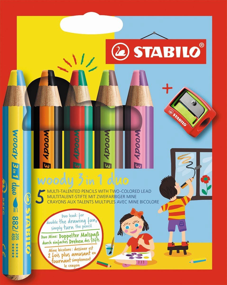 STABILO Bleistift 882 woody 3-in-1 Duo inkl. Spitzer, assortiertes Etui, (Set, 5-tlg), inkl. Spitzer