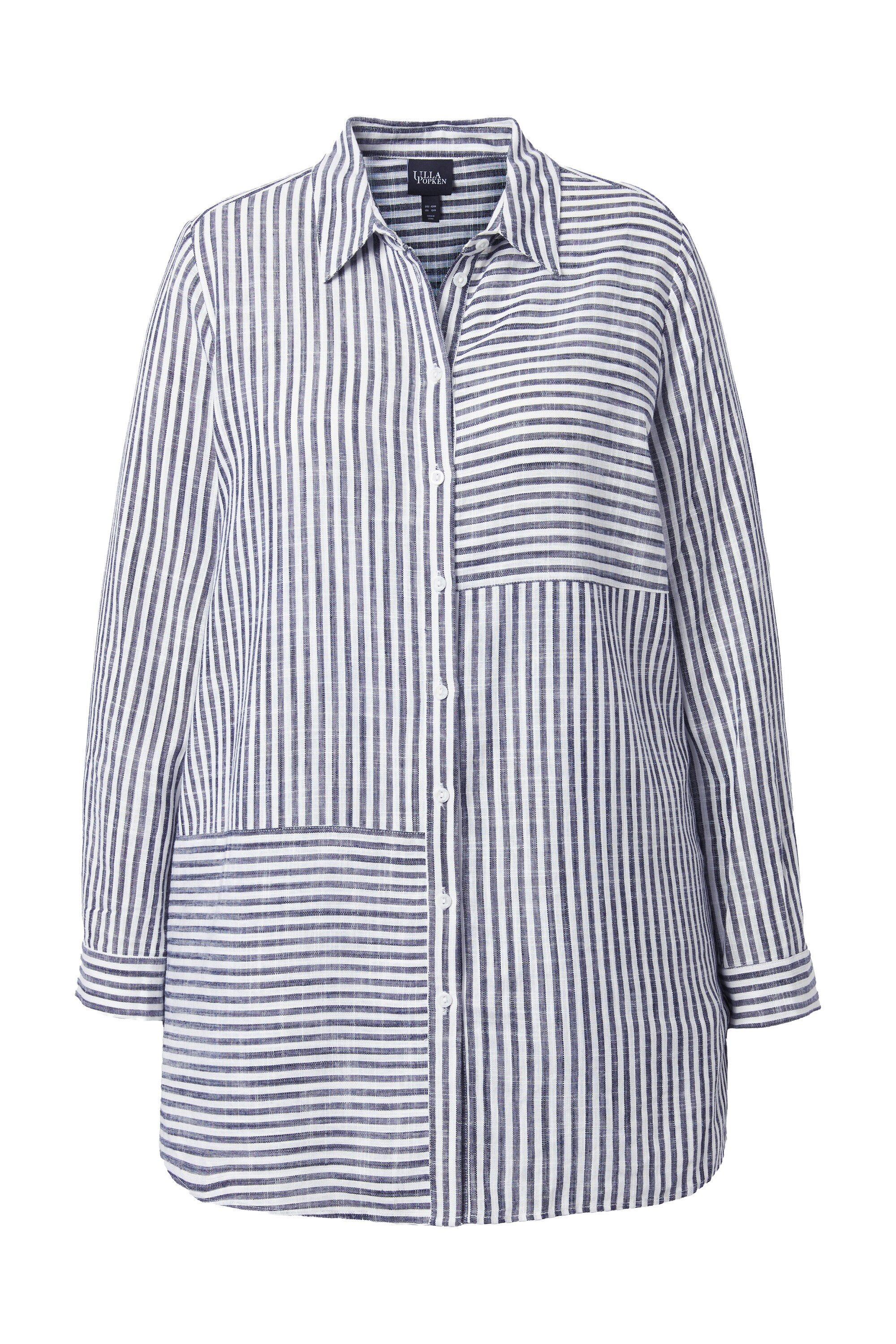 Ulla Popken Satinbluse Bluse Leinenmix Patchmuster Hemdkragen Langarm