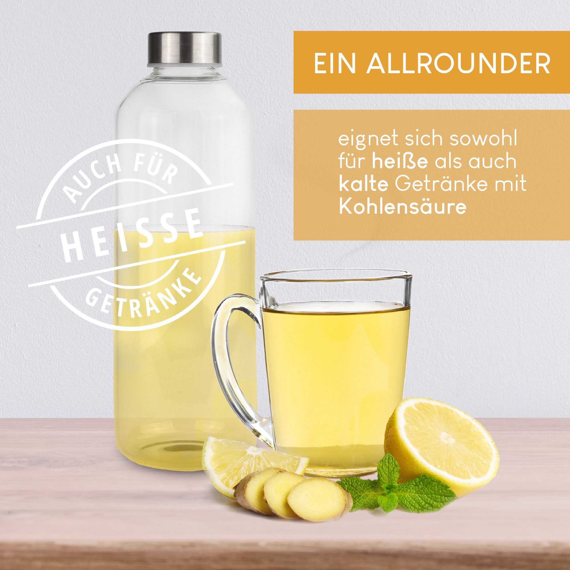 Smart-Planet Trinkflasche Trinkflasche 2er Set Glastrinkflasche 1 Liter mit Metalldeckel, Borosilikatglas mit Metalldeckel