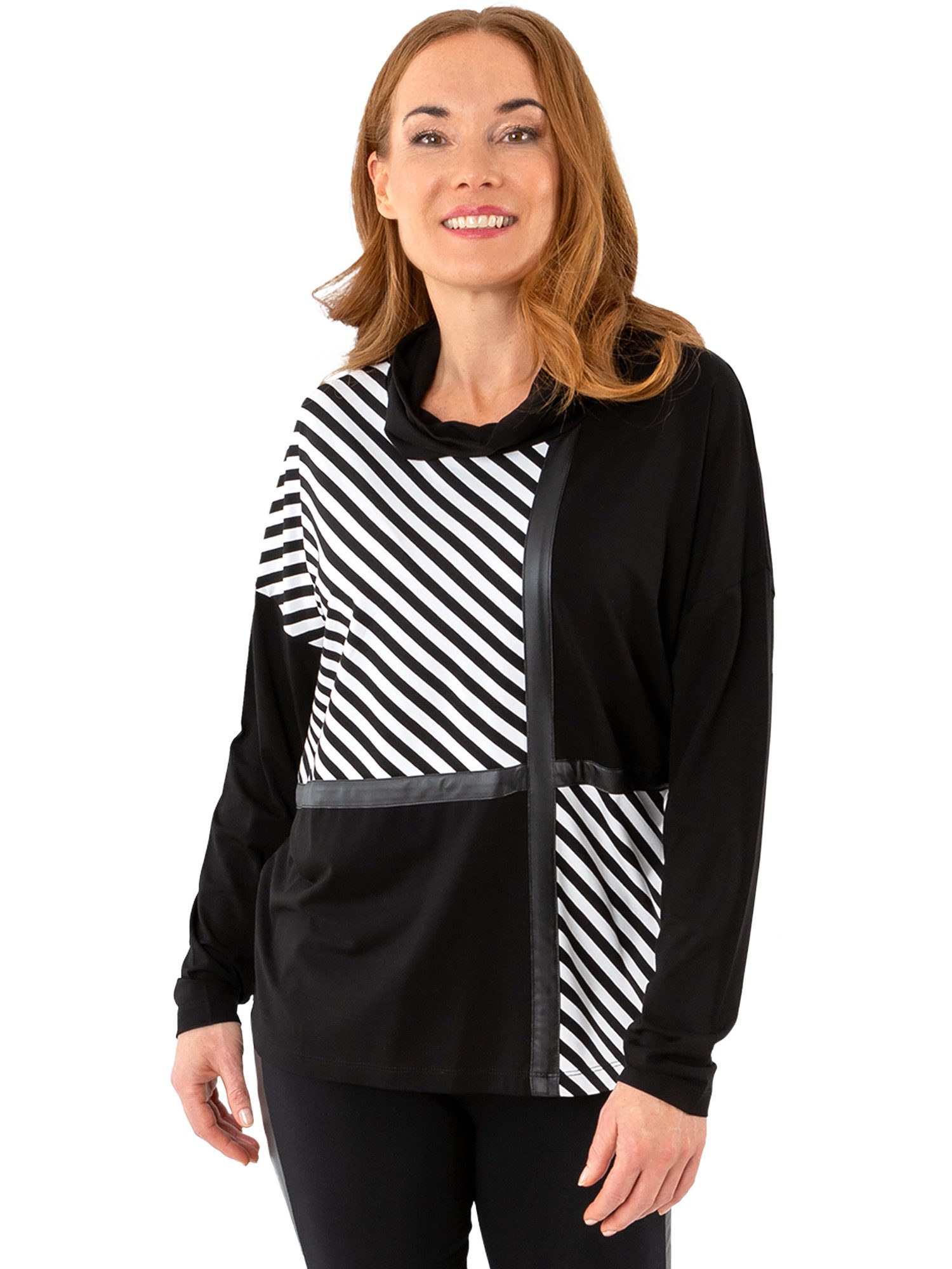 Estefania for woman Wasserfallpullover 196-7606, in Ringeloptik und mit Lederimitat mit Lederimitat abgesetzt