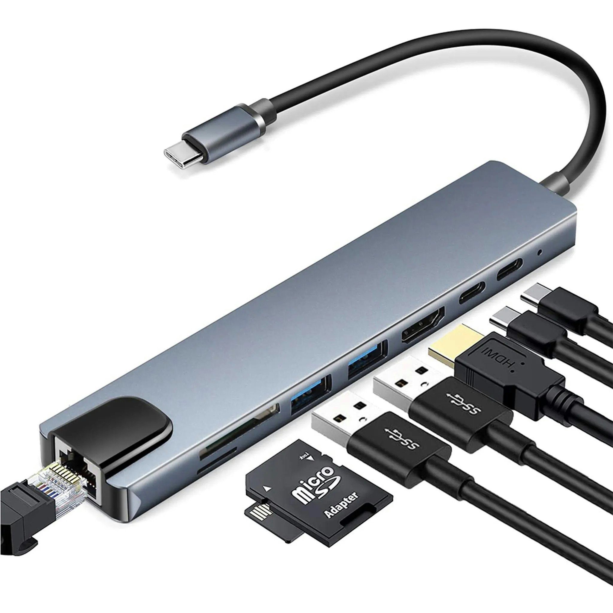 ENGELMANN EnM0537, TypC-Hub-8 USB-Adapter USB-C zu HDMI, RJ45, LAN,  SD-Karte, USB Typ A