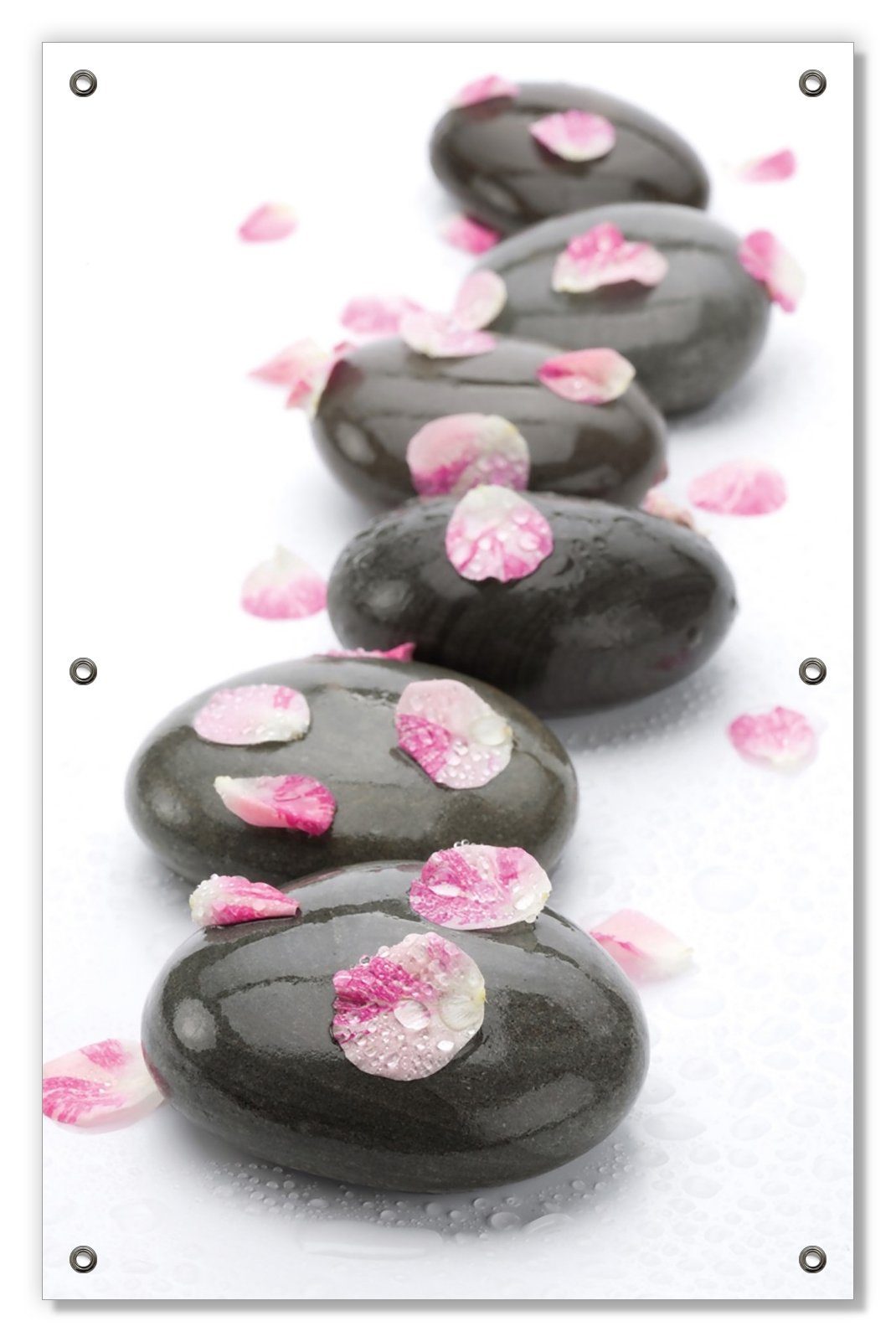 Sonnenschutz Dunkle Steine mit Blütenblättern, Wallario, blickdicht, mit Saugnäpfen, wiederablösbar und wiederverwendbar