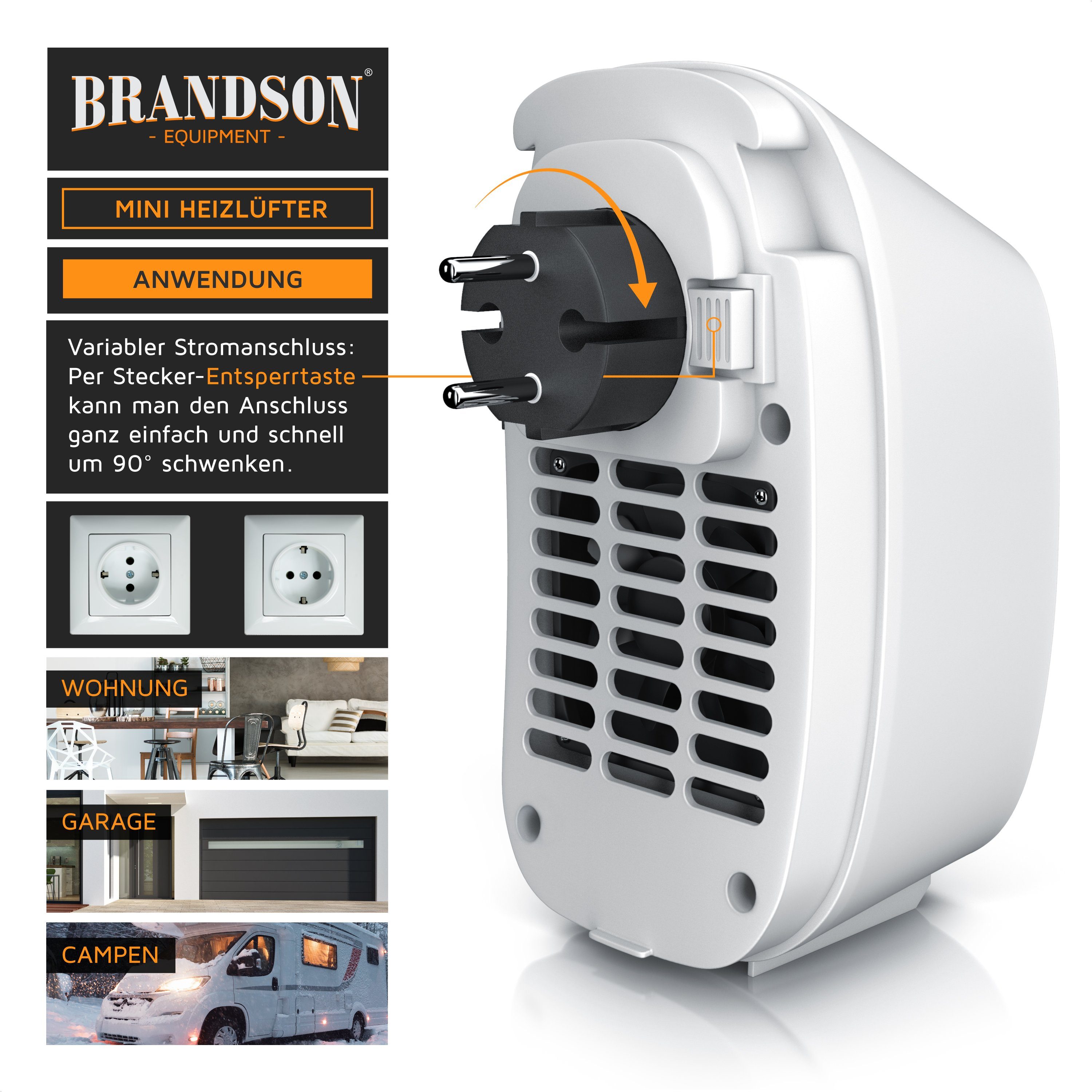 Brandson Keramikheizlüfter, 400 W, Steckdosen Mini Heizlüfter, Mini Keramikheizgerät, Temperaturregelung