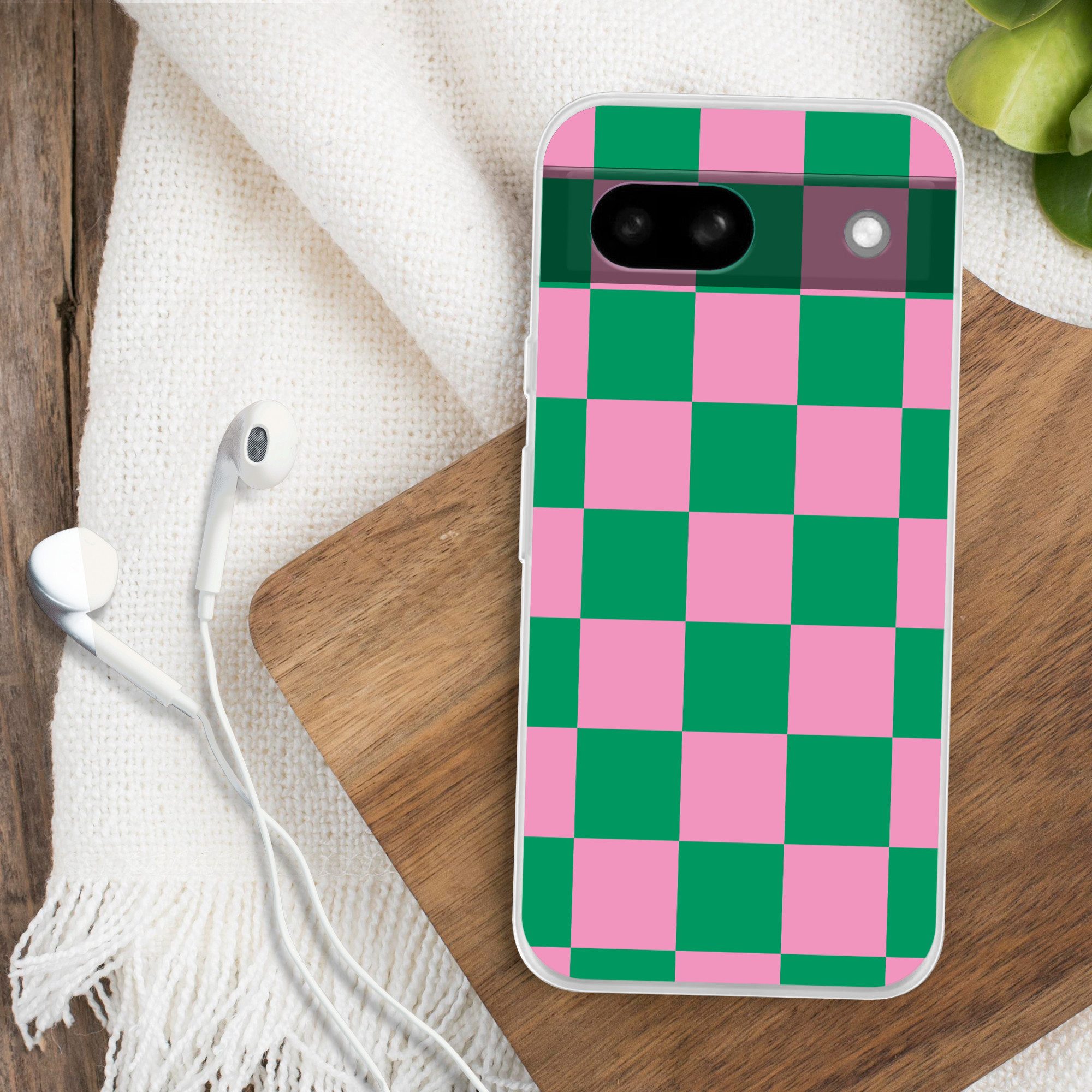 MuchoWow Handyhülle für Google Pixel 8a Schachbrettmuster - Grün - Rosa - Würfel, Phone Case, Silikon, Schutzhülle Dünn