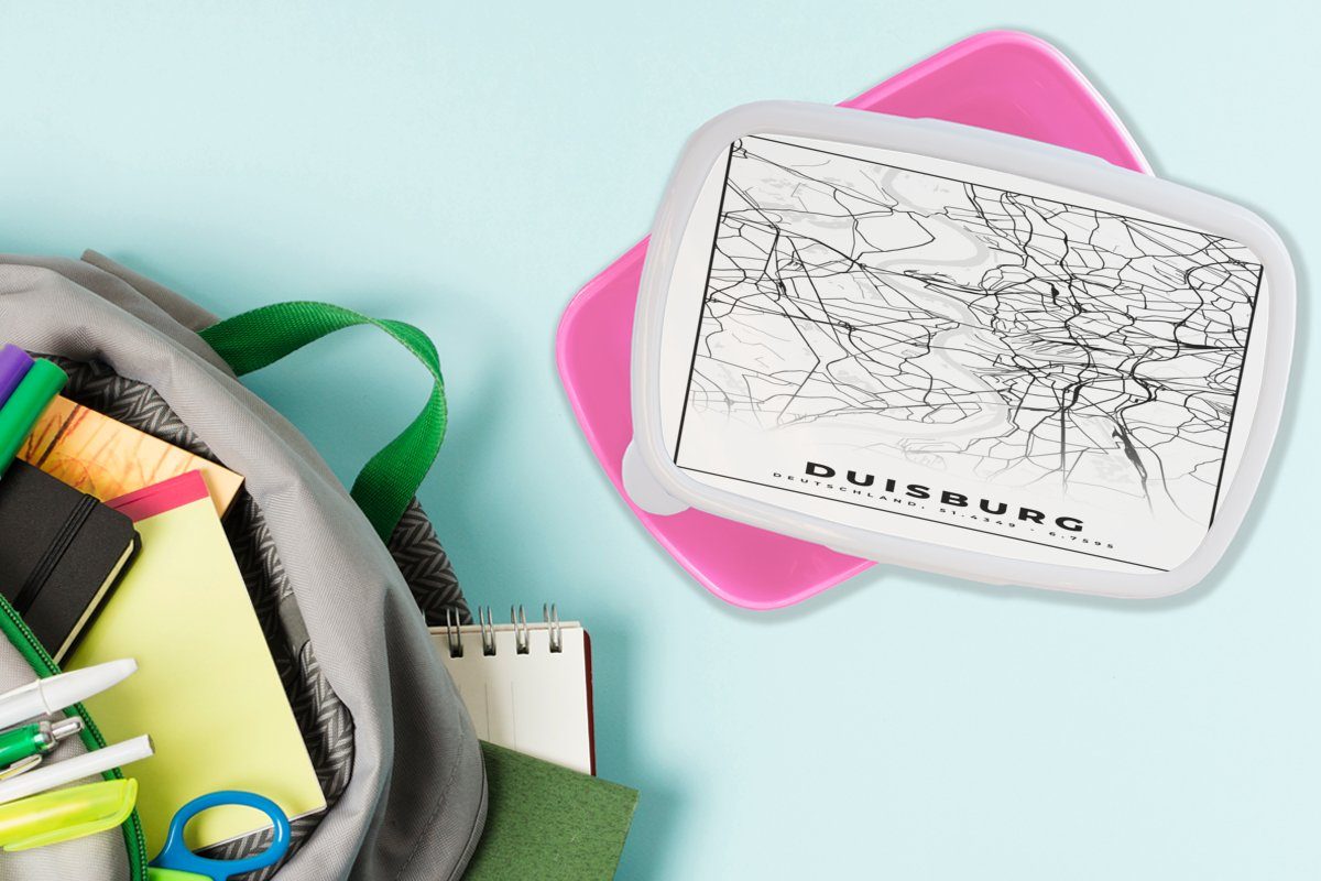 Snackbox, Lunchbox - rosa Brotdose Kinder, Karte - Stadtplan Kunststoff, Duisburg Brotbox Kunststoff (2-tlg), MuchoWow Erwachsene, für Mädchen, Wegbeschreibung, -