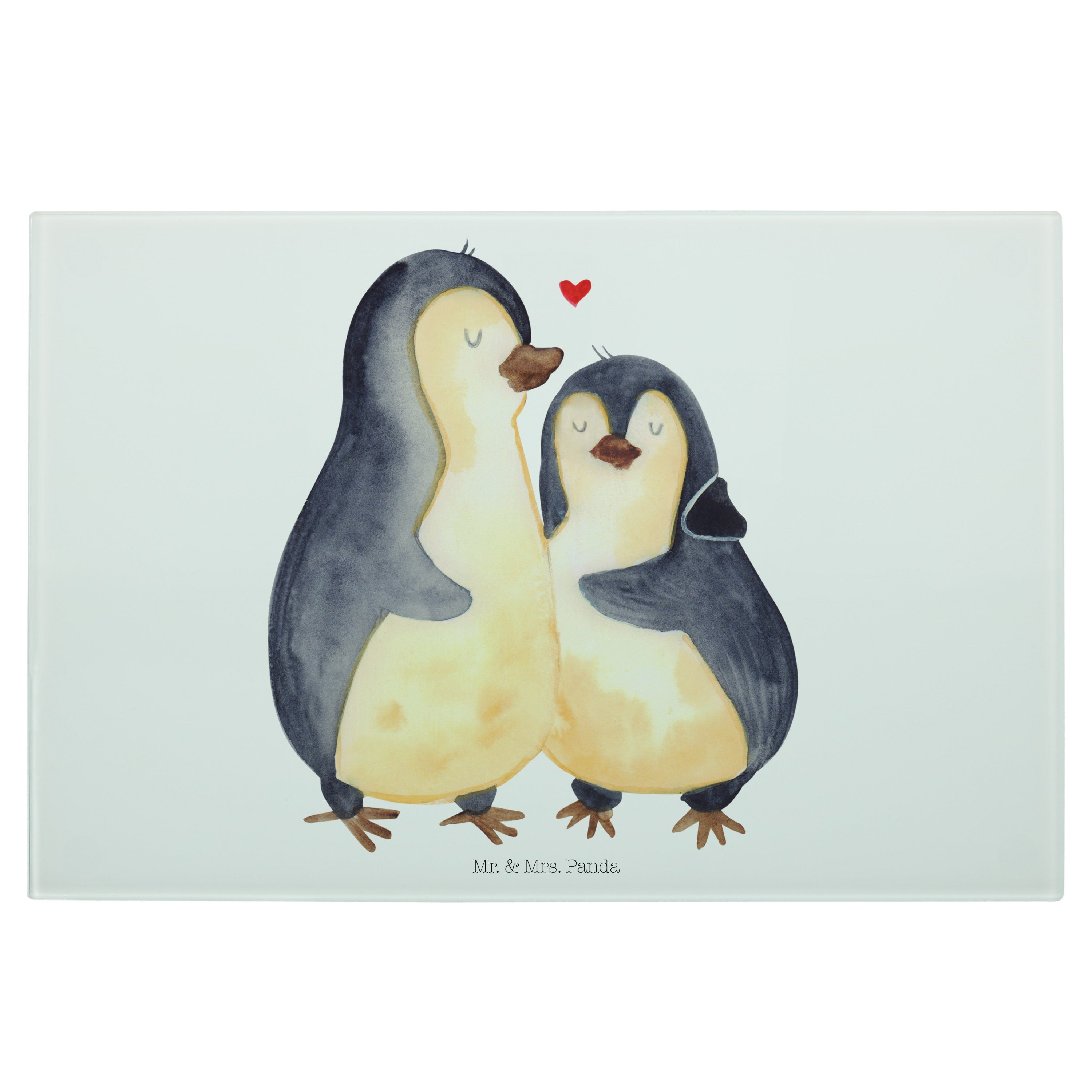 Mr. & Mrs. Panda Servierbrett Pinguin umarmend - Weiß - Geschenk, Liebe, Liebespaar, Verlobung, Lie, Premium Glas, (1-St)