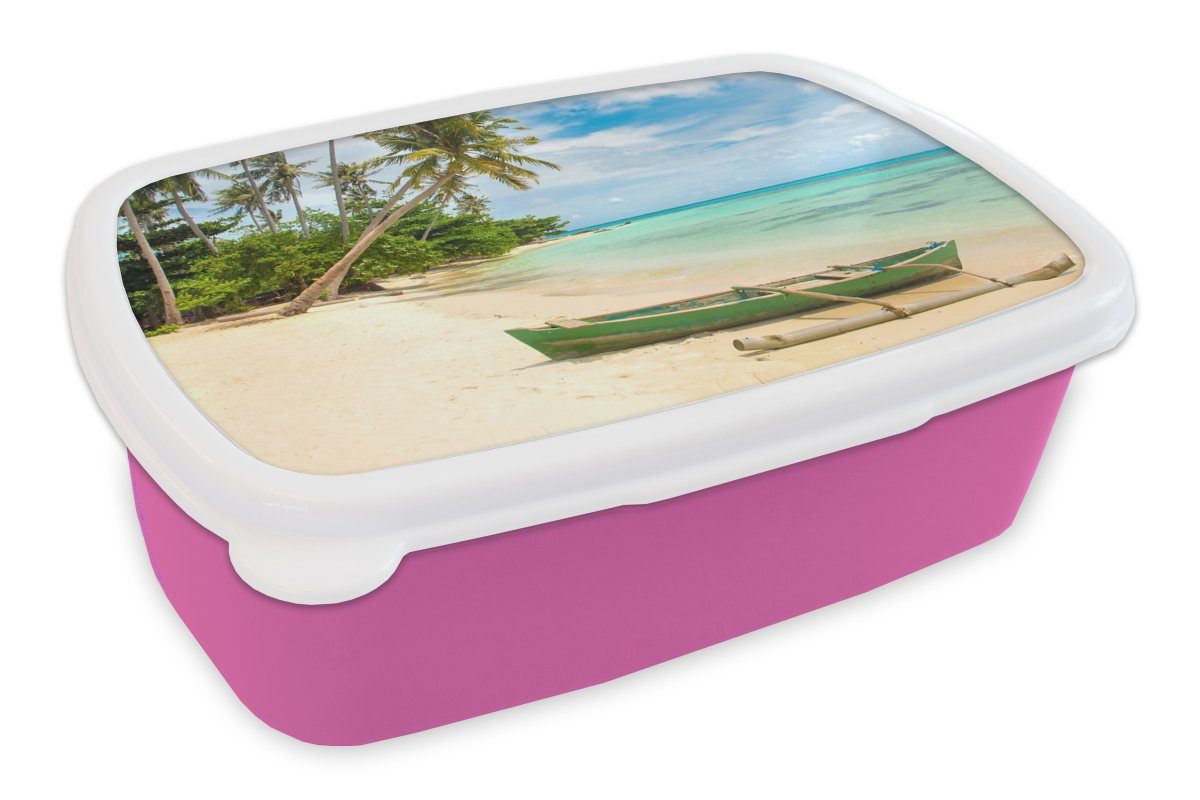 Erwachsene, für - Kunststoff Strand Lunchbox rosa - Kinder, (2-tlg), MuchoWow Brotdose Kanu - Brotbox Snackbox, Tropisch, Kunststoff, Mädchen, Palme