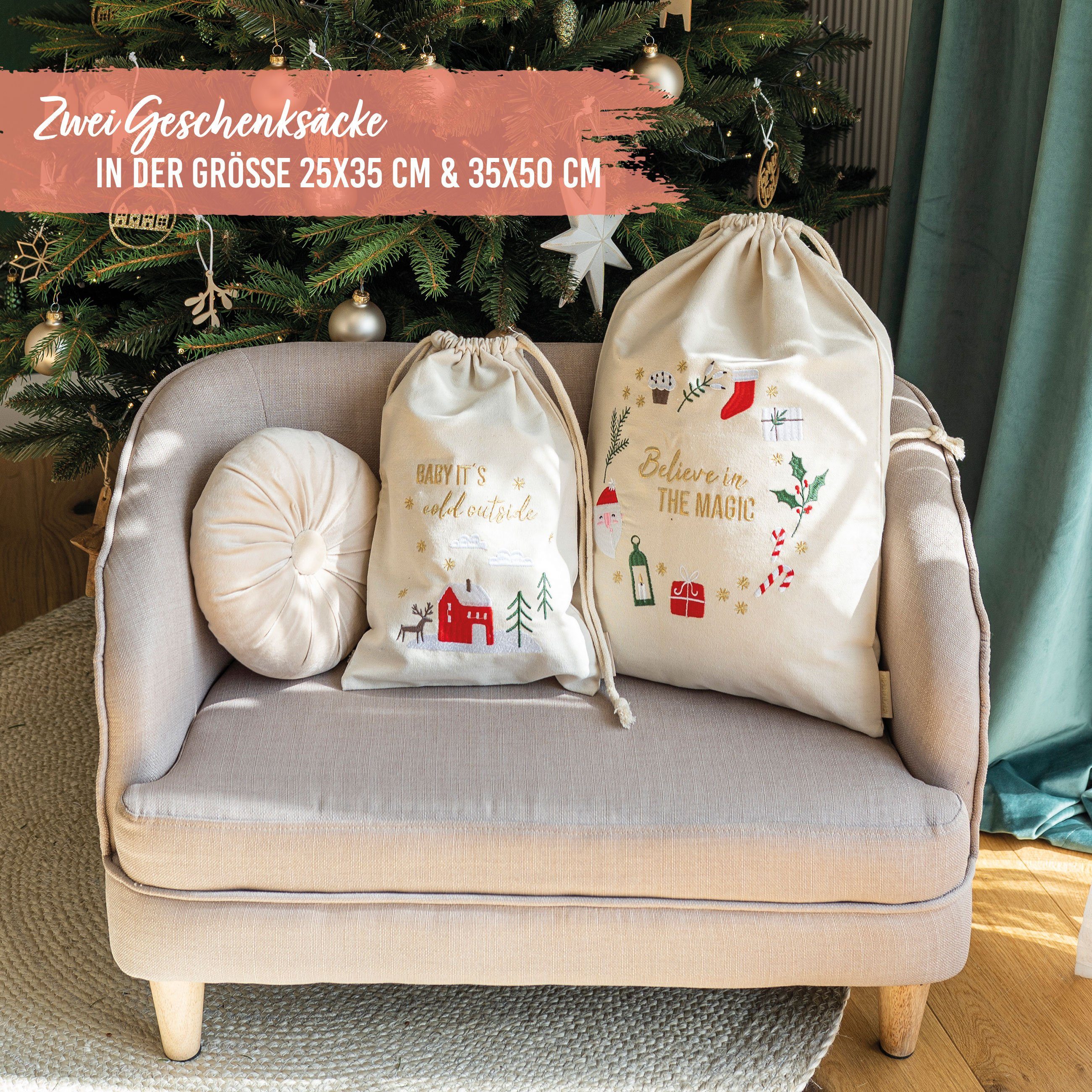 PAPIERDRACHEN Geschenkpapier 2 Geschenksäckchen zu Weihnachten - Geschenke nachhaltig einpacken, mit schöner Bestickung