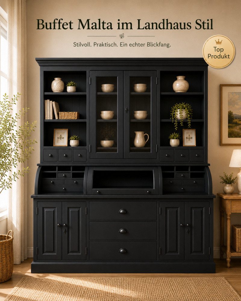 Wohnpalast Buffet Landhaus Buffet Schrank Malta Ladenschrank schwarz 200 cm