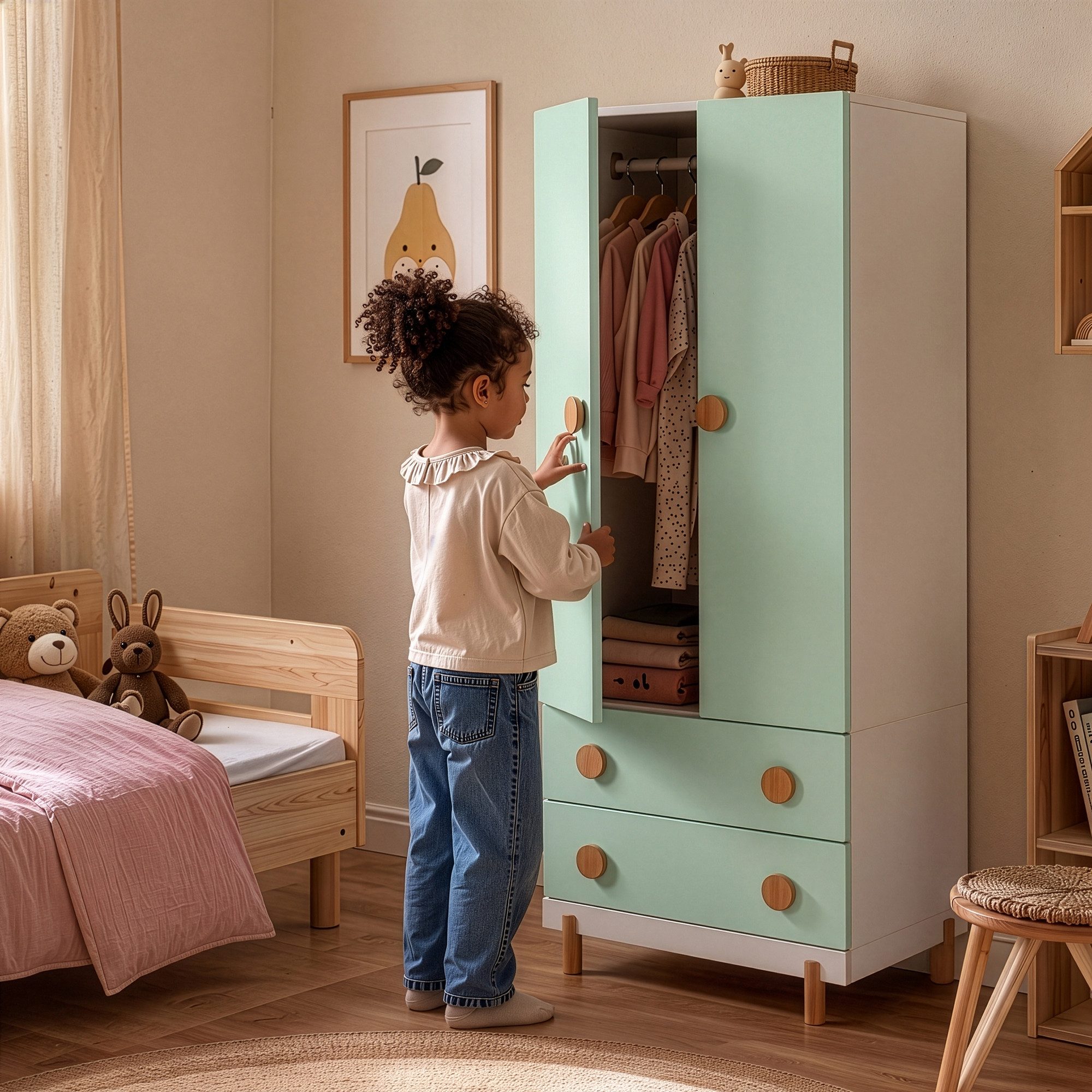 en.casa Kinderkleiderschrank »Vaarentaa« mit 2 Schubladen 156x60x41 cm Weiß/Mintgrün – Bild 5 von 5