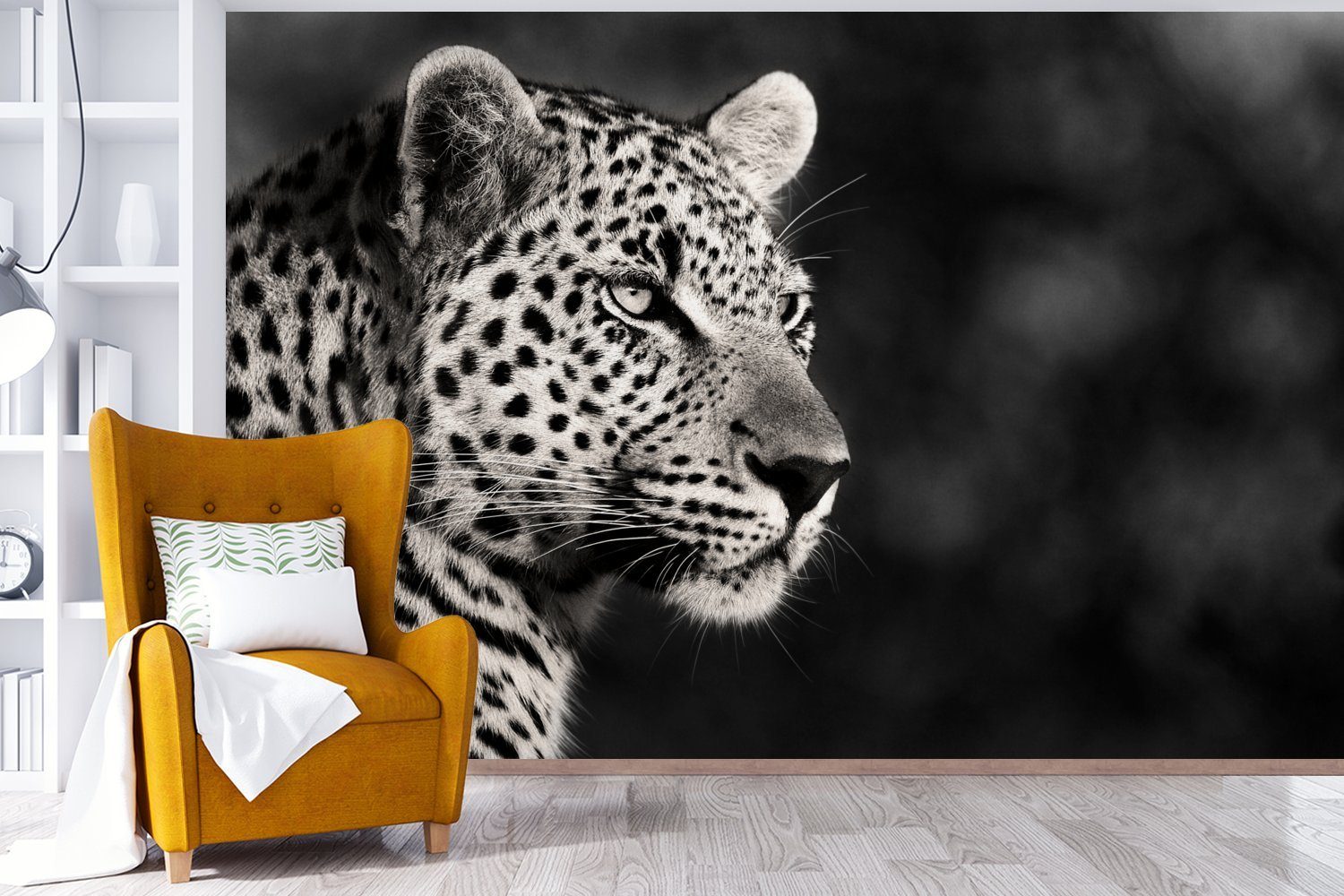 Wohnzimmer, Tapete (6 MuchoWow bedruckt, Leopard - - Vinyl - Südafrika, St), für Schlafzimmer, Weiß Fototapete Matt, Kinderzimmer, Schwarz Wallpaper