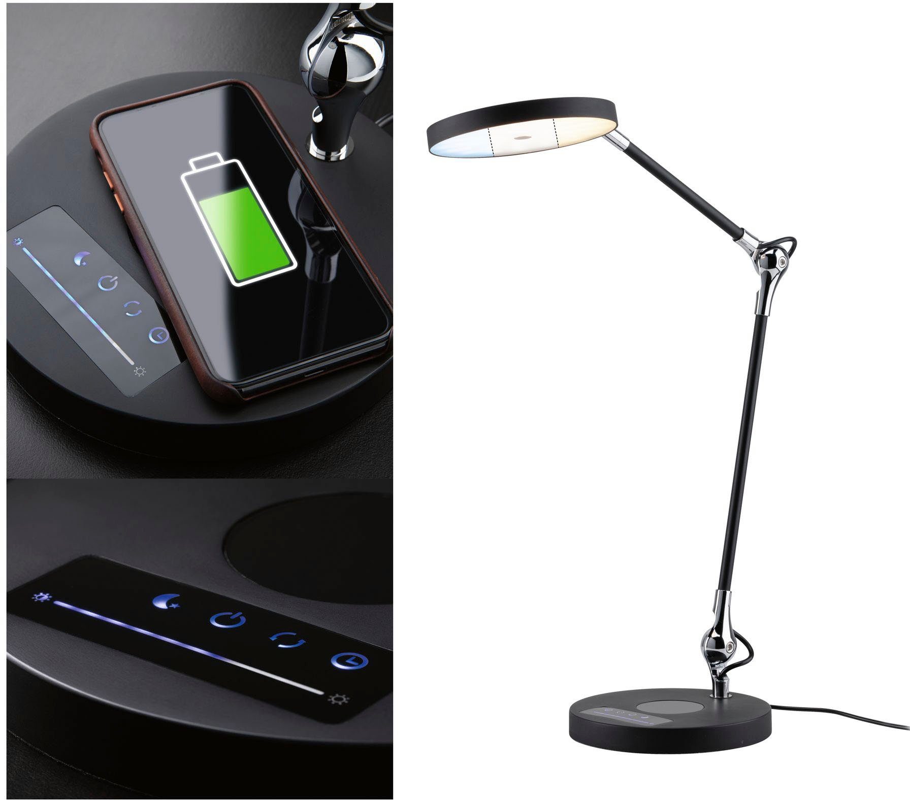 Paulmann LED Schreibtischlampe Numis 11W schwarz QI tuneablewhite dimmbar, LED fest integriert, Tageslichtweiß, Kabellänge 1,50m