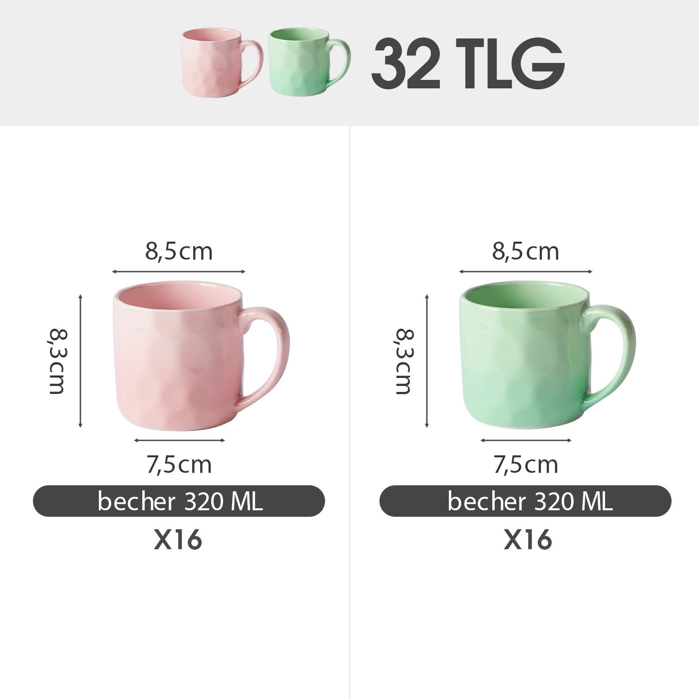 JIWOO Tasse 4er 320ml, Kaffeebecher Skandinavische Geschirr set Becher Teebecher, 32-tlg., Keramik, Keramiktassen Handgefertigt Kafeeservice Mikrowellen spülmaschinenfest