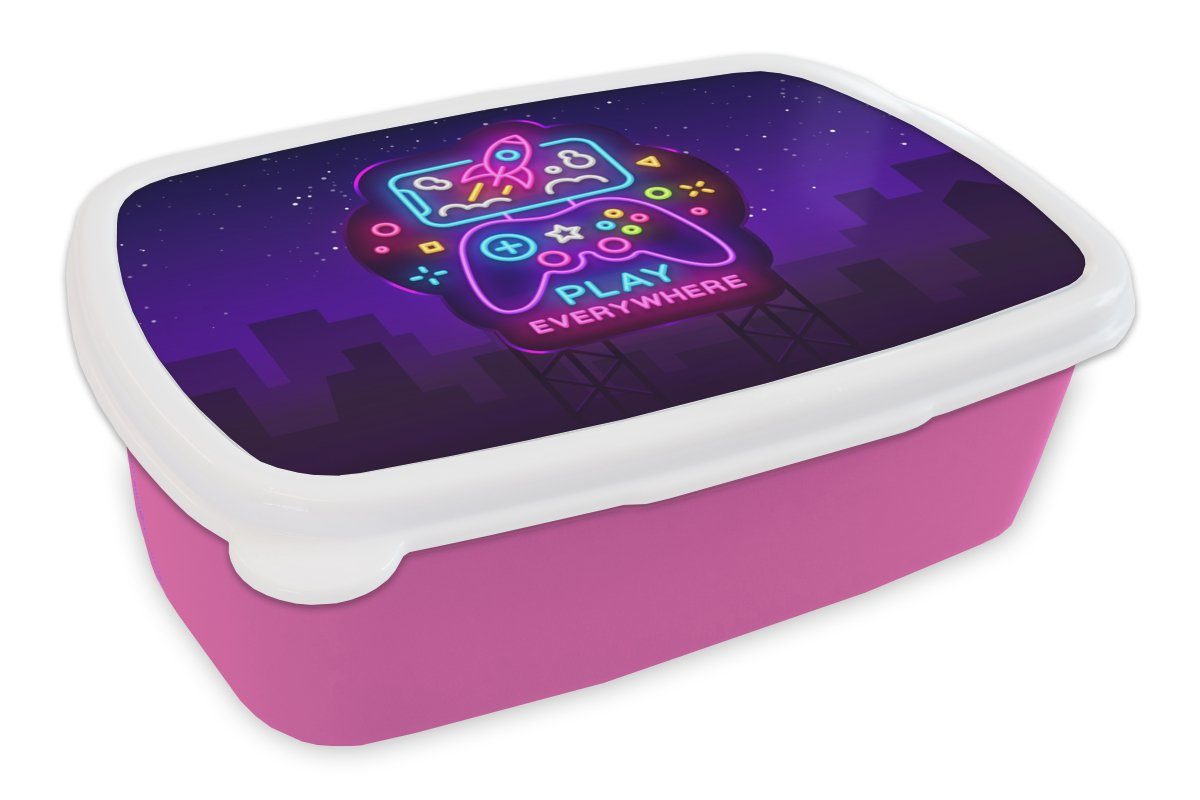 Kinder, Nacht (2-tlg), - Controller, - Blau Erwachsene, Mädchen, für Kunststoff, - Gaming Neon Snackbox, MuchoWow - - Brotdose Kunststoff rosa Spielen Brotbox Lunchbox