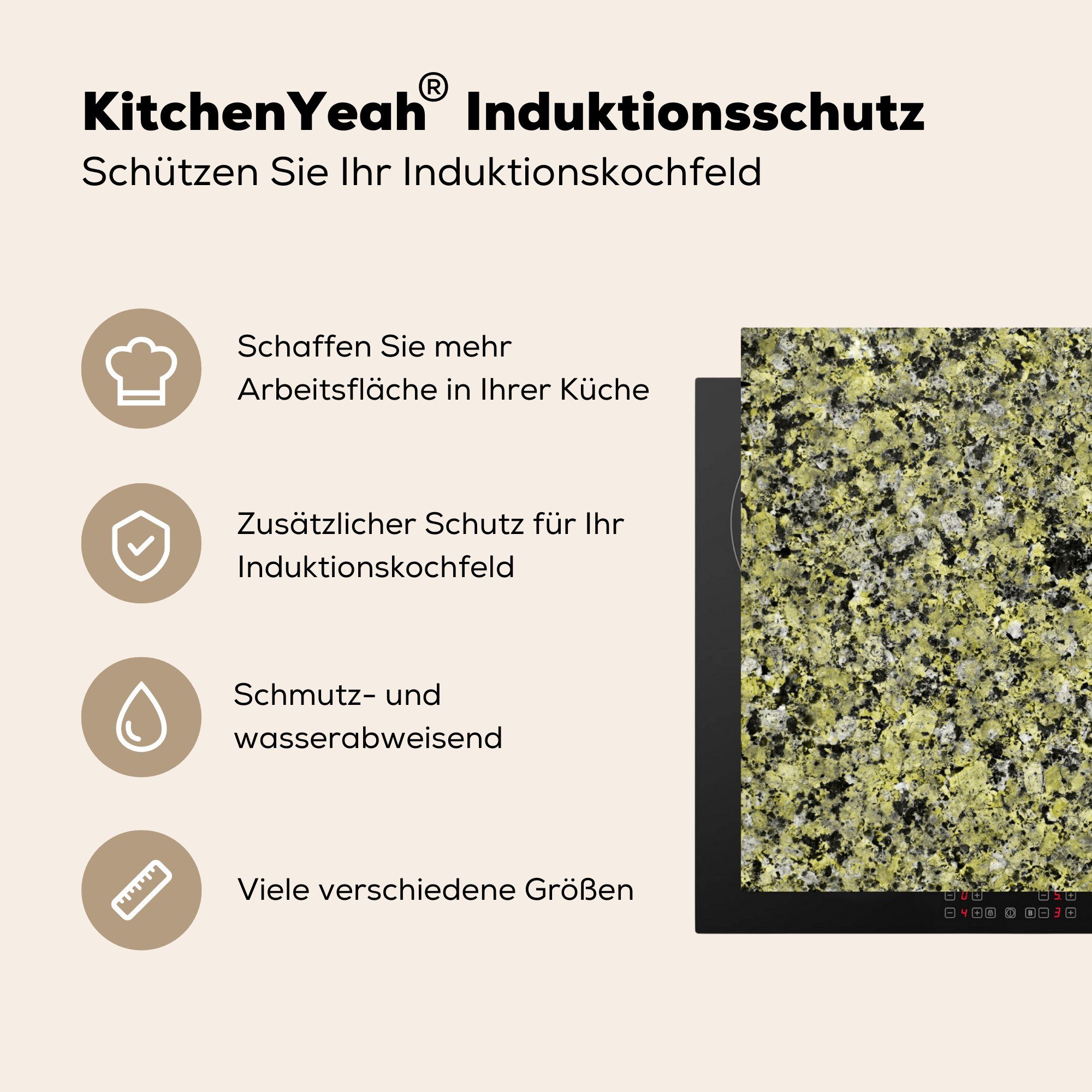 MuchoWow Herdblende-/Abdeckplatte Stein Arbeitsfläche Granit, - Grün Vinyl, (1 Mobile - Ceranfeldabdeckung nutzbar, Schwarz cm, tlg), 70x52 