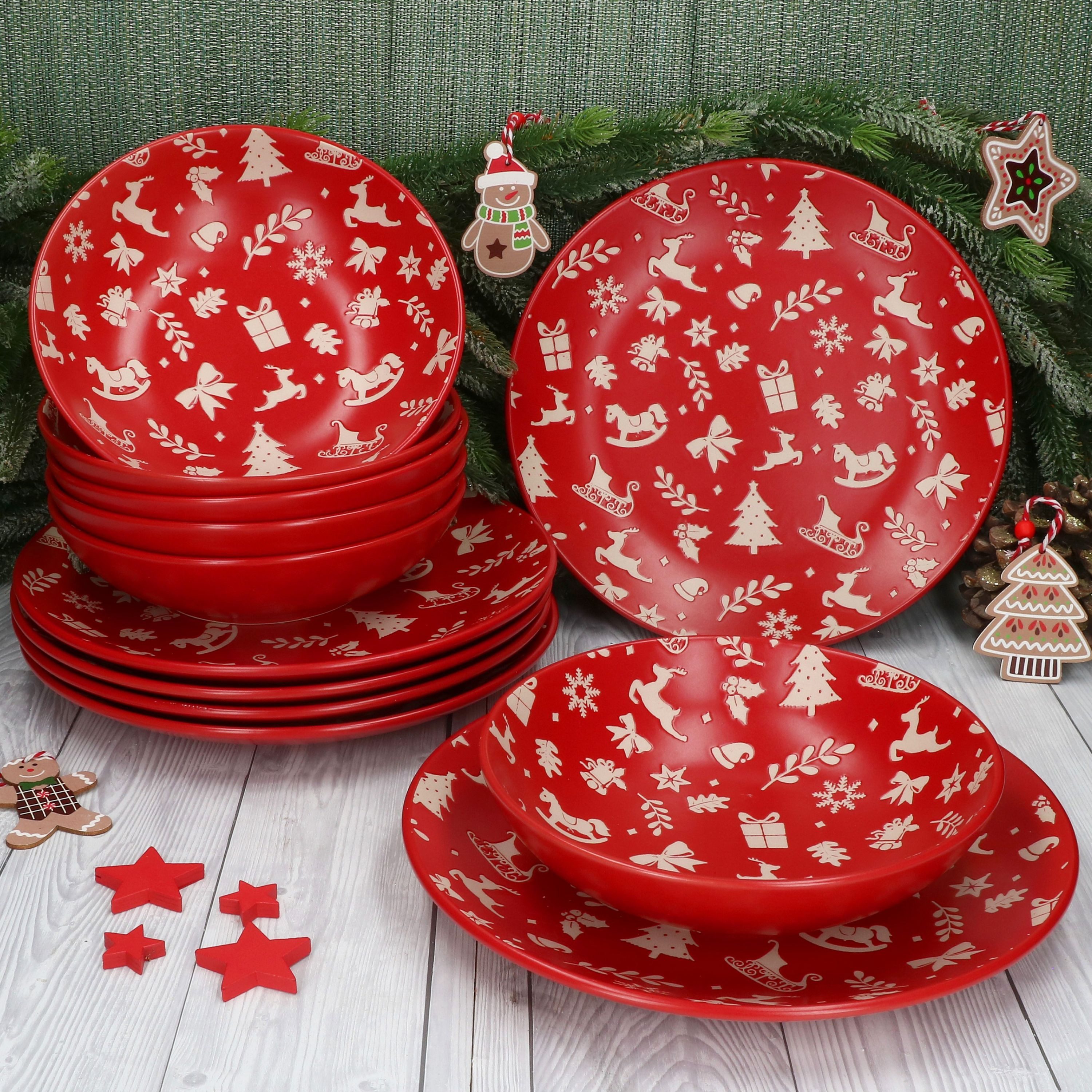 MamboCat Tafelservice 12tlg Tafelservice Advent 6Pers Essteller Suppenteller Rot Weihnachten, Steingut – Bild 3 von 5