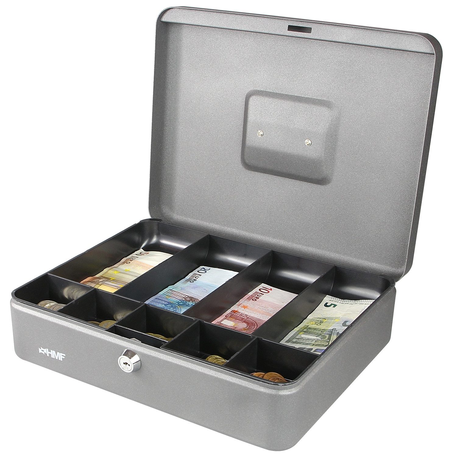 HMF Geldkassette abschließbare Bargeldkasse mit Geldeinsatz für Münzen und Scheine, 30 x 24 x 9 cm, silber