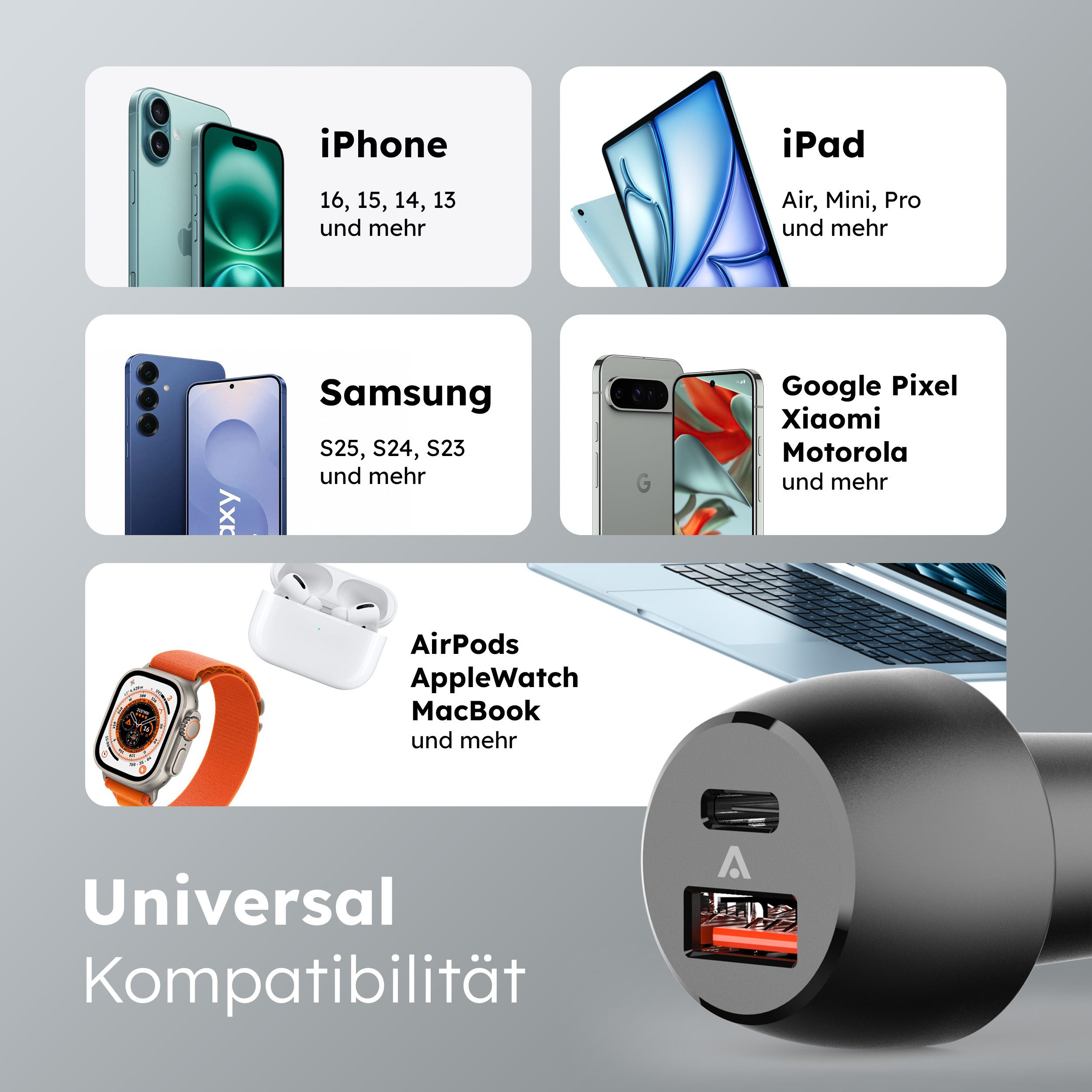 alkaya. Cigarette lighter USB-C + USB-A, car/vehicle charger, car adapter USB Type A, USB-C, car/vehicle adapter 2 ports - Black