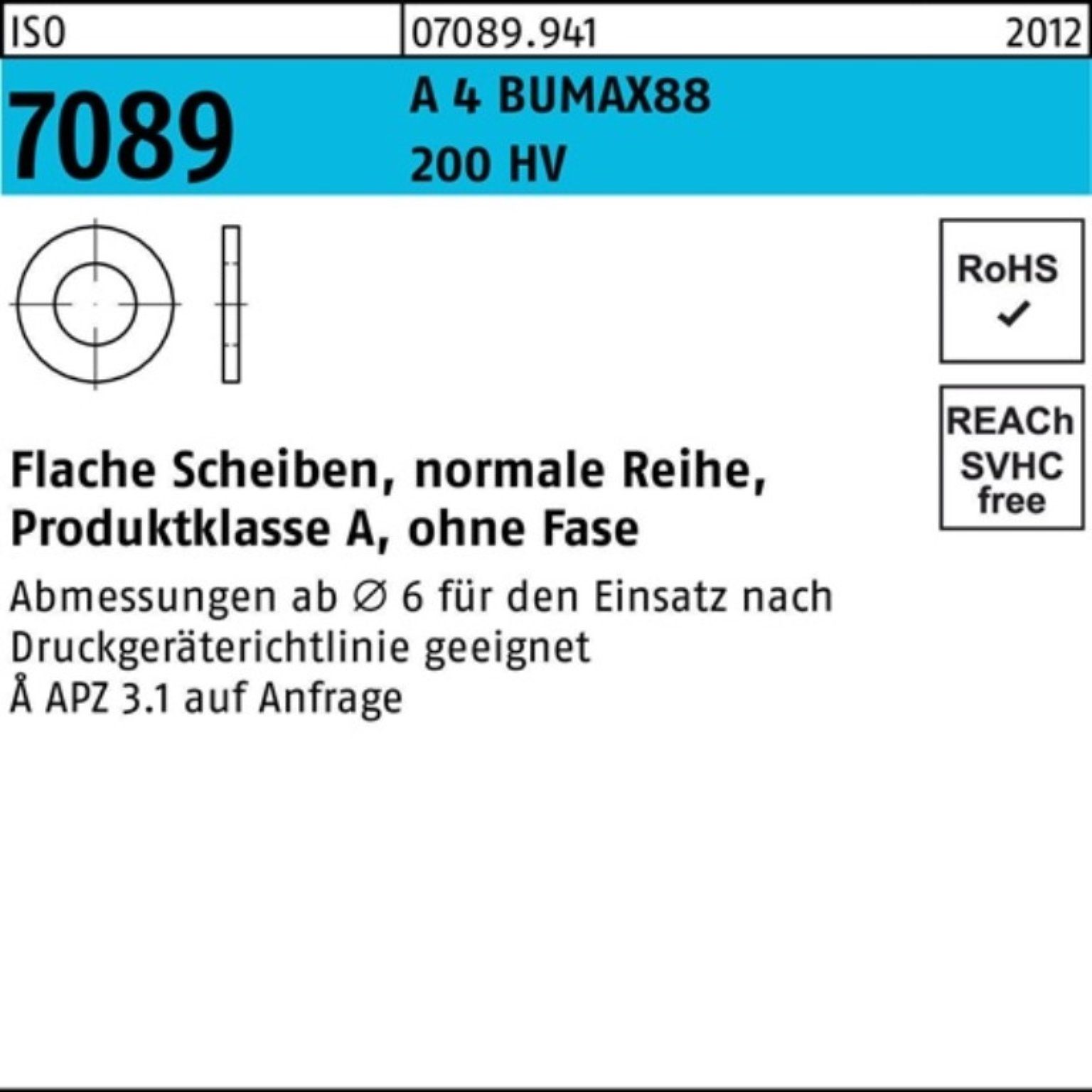 Bufab Unterlegscheibe 100er Pack Unterlegscheibe ISO 7089 o.Fase 24 A 4 200 HV BUMAX88 50 St