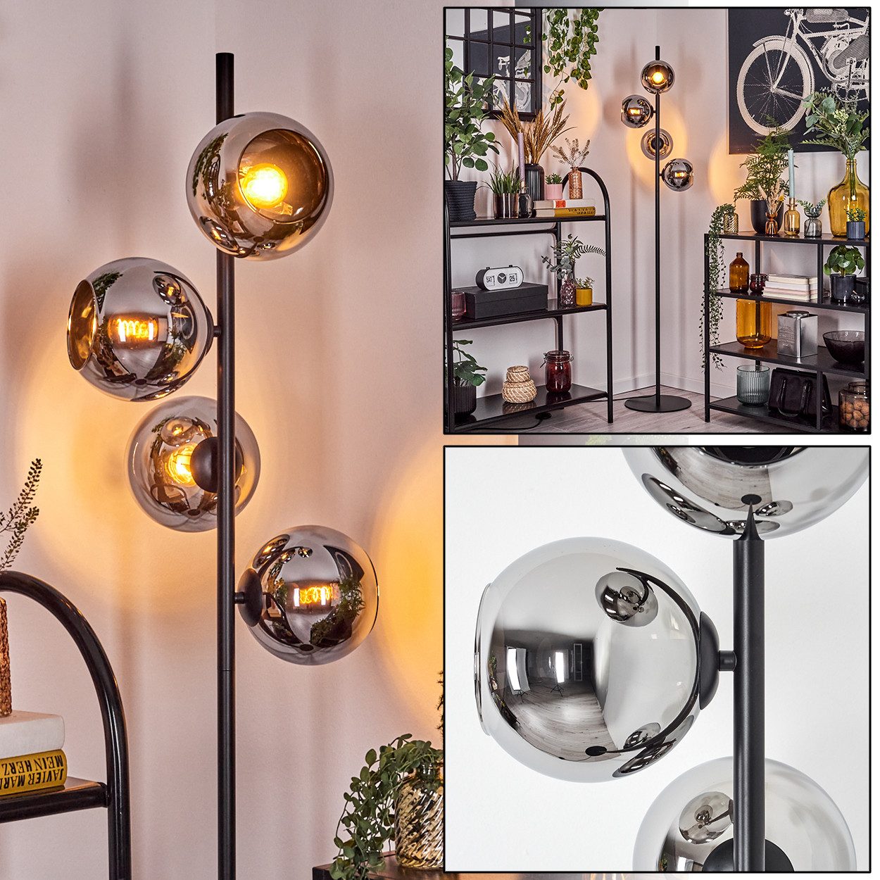Stehlampe Stehlampe aus Metall/Glas in Schwarz/Chrom/Rauch mit Fußschalter
