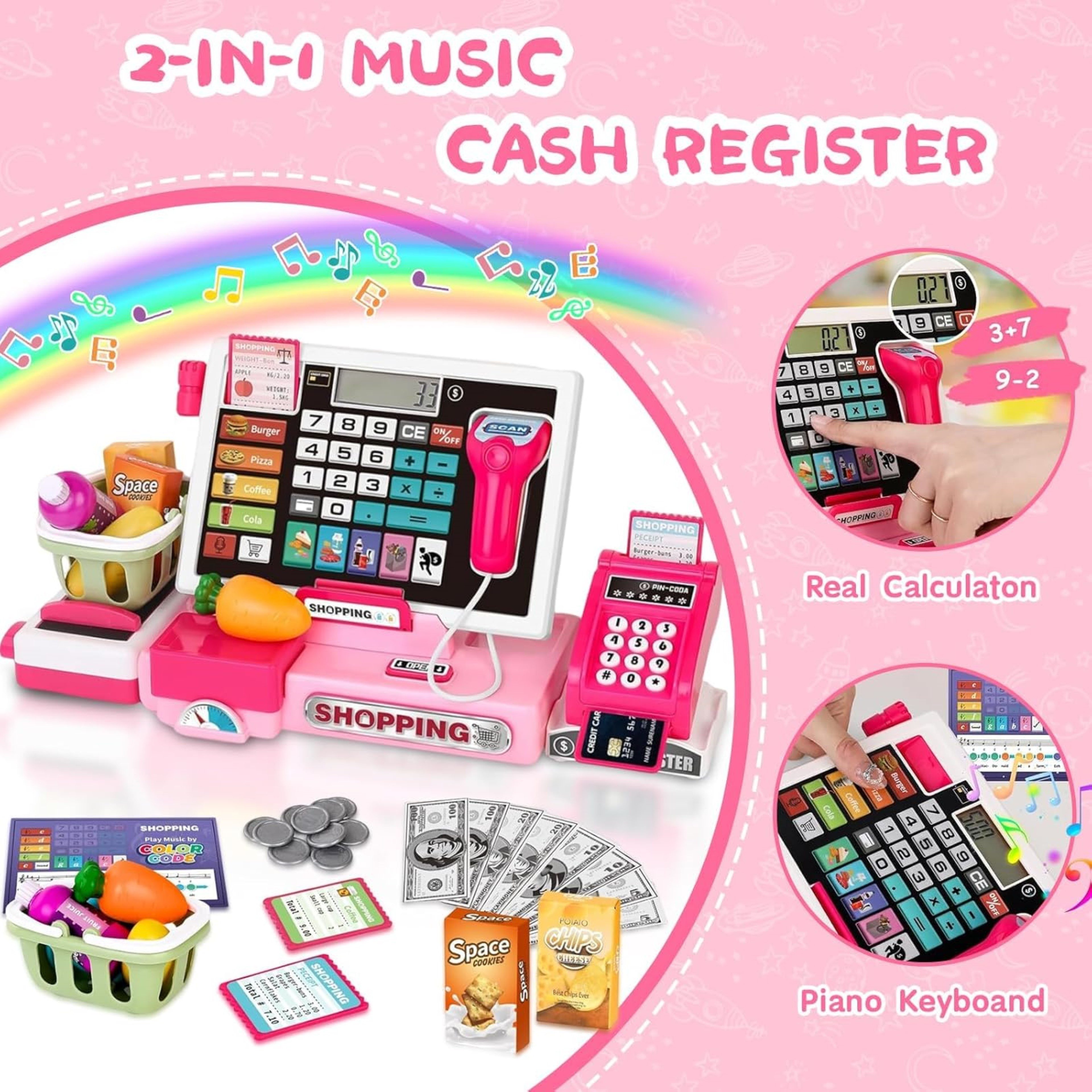 SliBoeyX Spielkasse Kinder Spielkasse mit Rechner, Scanner, Spielgeld und Zubehör Set, Rollenspiel Lernspielzeug mit Spielgeld und Zubehör für Kinder Sets