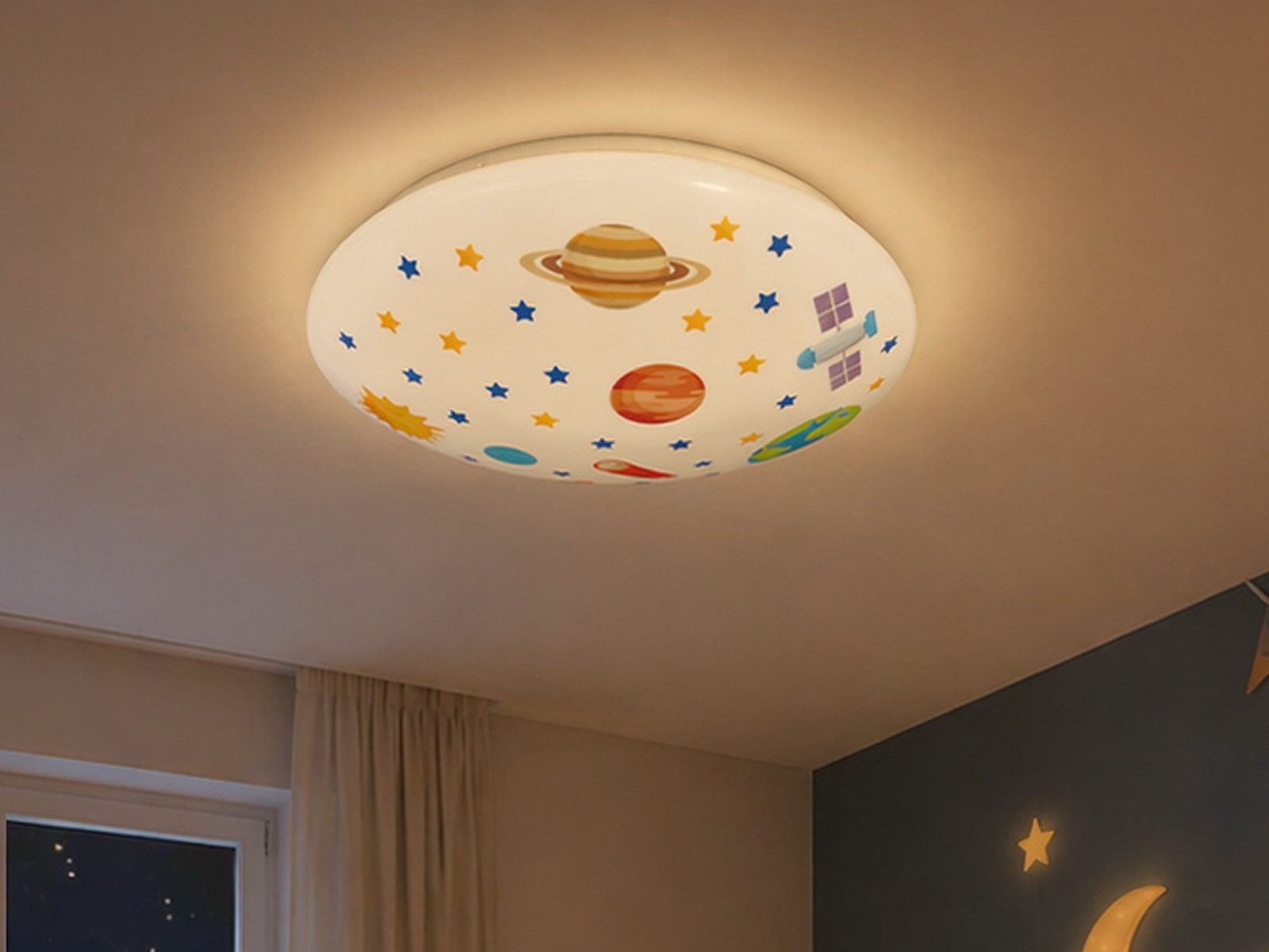 niermann LED Deckenleuchte, Dimmfunktion, Über Schalter in 3 Stufen dimmbar, LED wechselbar, Warmweiß, Coole Weltall Kinder-Lampe flach für die Decke im Jugendzimmer Ø 35cm