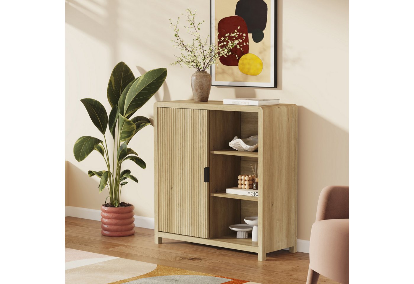 en.casa Kommode, »Lukkodso« mit Tür 82 x 75 x 30 cm Eicheoptik, mittelhell