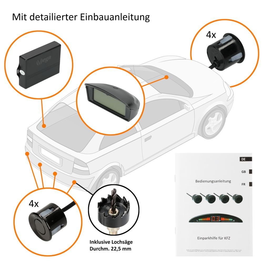 VSG24 Premium Kombi-Einparkhilfe ECHO PLUS Display Parkhilfe zum nachrüsten Rückfahrkamera (Rückfahrwarner mit Display & 8 Sensoren Stecksystem Nachrüstsatz PDC)