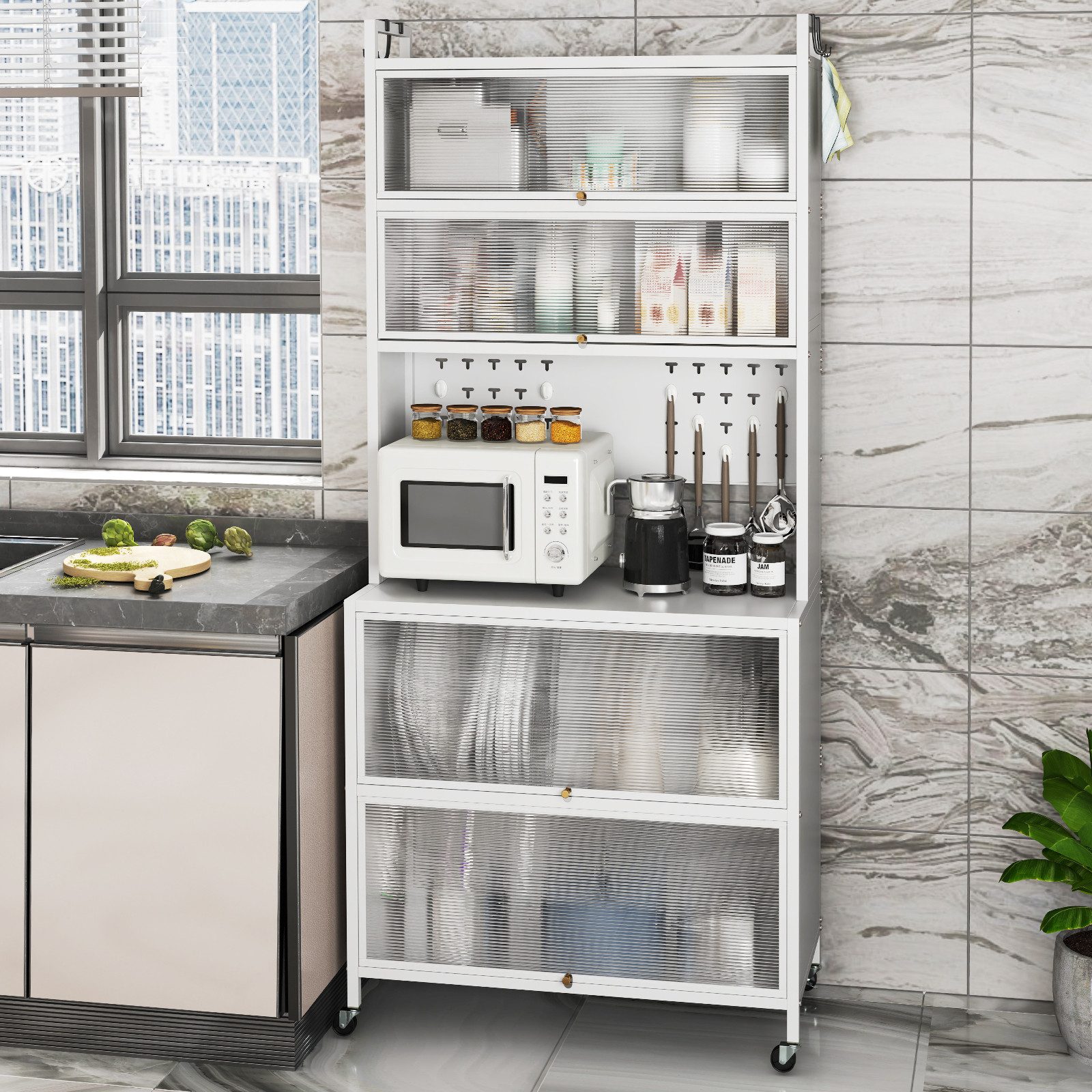 COSTWAY Küchenbuffet Küchenschrank mit Rollen, Arbeitsplatte, günstig online kaufen