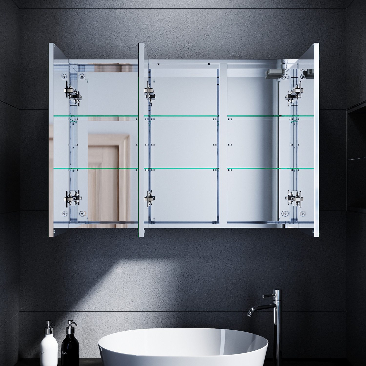 SONNI Badezimmerspiegelschrank Edelstahl Spiegelschrank bad mit beleuchtung 90x65x13cm mit Steckdose und Touchschalter Kalt/Warm/Neutral Licht, dimmbar – Bild 2 von 5