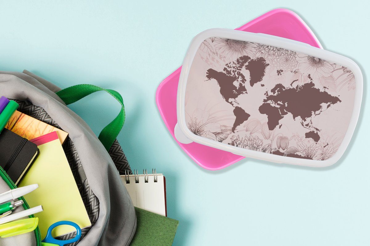 Kunststoff, für Weltkarte Brotdose - MuchoWow rosa (2-tlg), - Erwachsene, Lila, Kinder, Kunststoff Blumen Brotbox Lunchbox Mädchen, Snackbox,