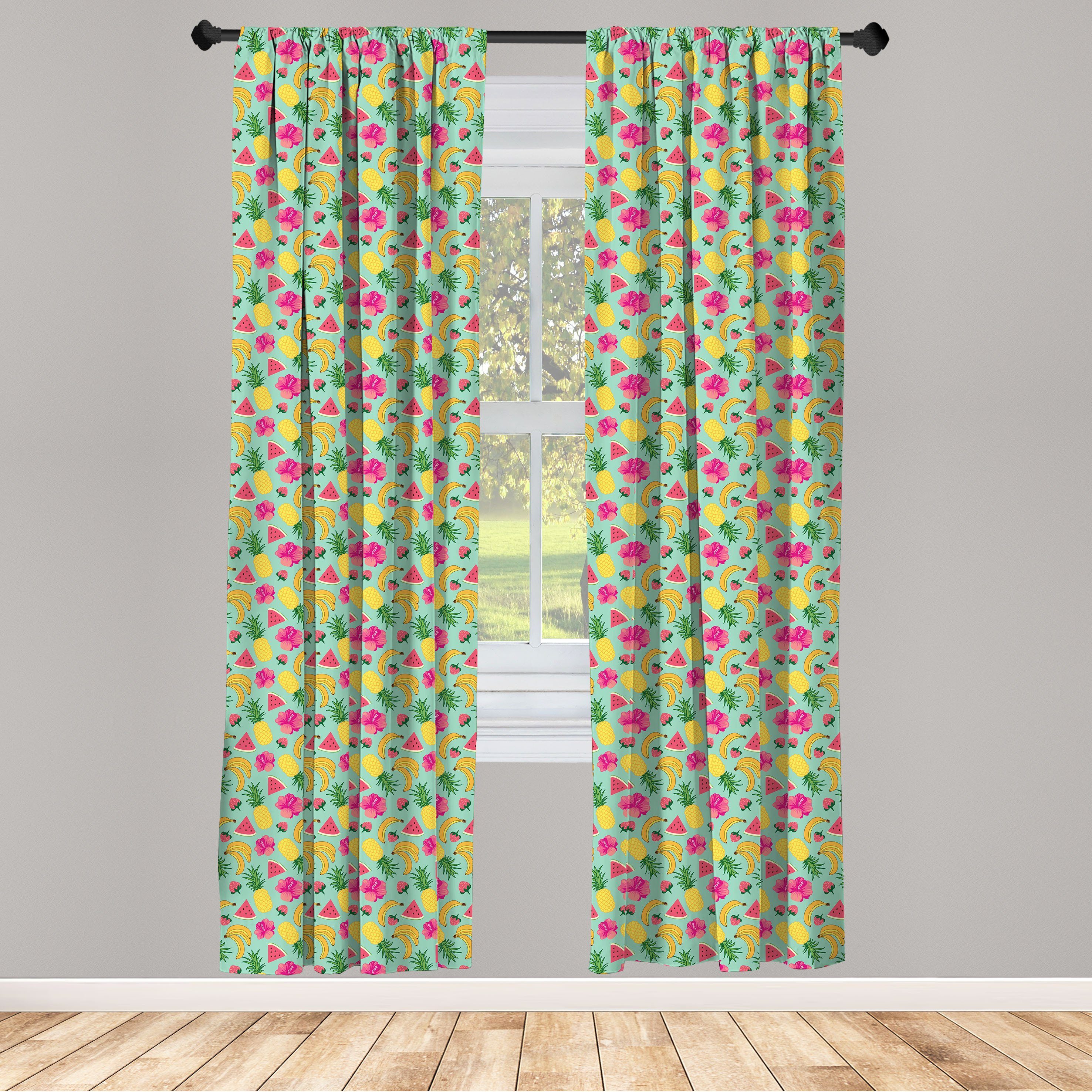Gardine Vorhang für Wohnzimmer Früchte Microfaser, Bananen und Abakuhaus, Schlafzimmer Hibiscus-Blumen Dekor