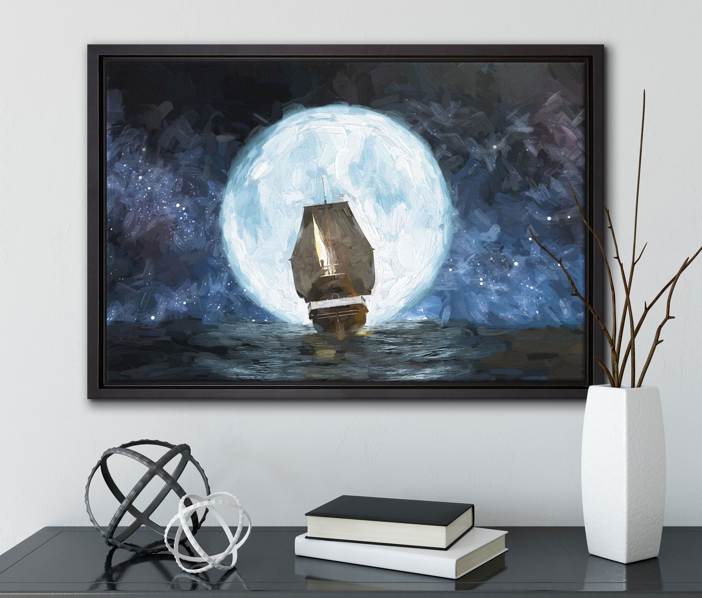 einem in bei St), (1 Schattenfugen-Bilderrahmen bespannt, Kunst, Wanddekoration Zackenaufhänger Segelschiff Leinwandbild Pixxprint Vollmond Leinwandbild gefasst, fertig inkl.