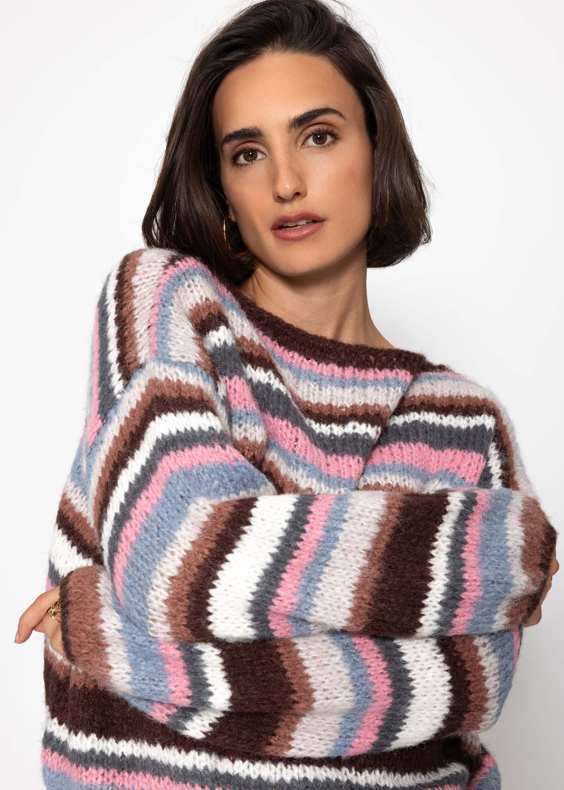 SASSYCLASSY Strickpullover Gestreifter Strickpullover für Damen Mehrfarbiger oversized Pullover in weicher Textur Orange Braun