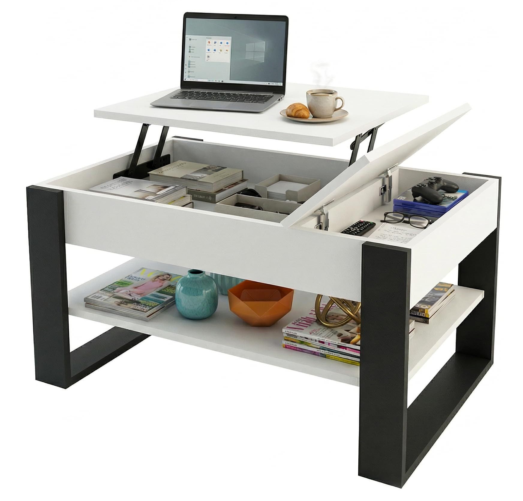 TREND WERK Couchtisch Lift-Couchtisch höhenverstellbar Sofatisch 92×54 cm mit Stauraum (verstecktem Fach Wohnzimmertisch Holz modern Wohnzimmertisch)