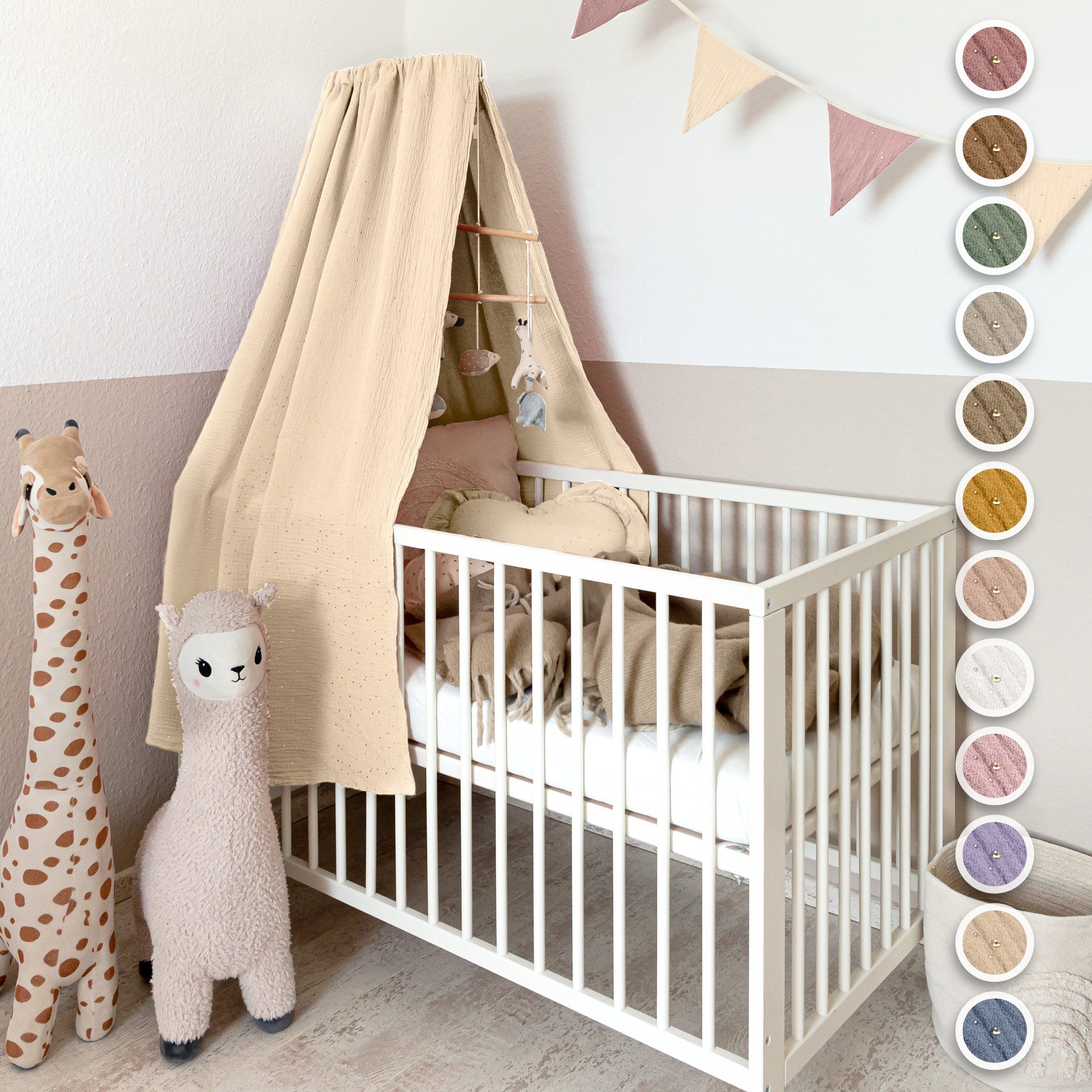 lilimaus Betthimmel Babybett Himmel Gold aus Musselin - handgenähter Baldachin (1-tlg), Betthimmel mit Gold-Details - weich & sanft zu zarter Babyhaut