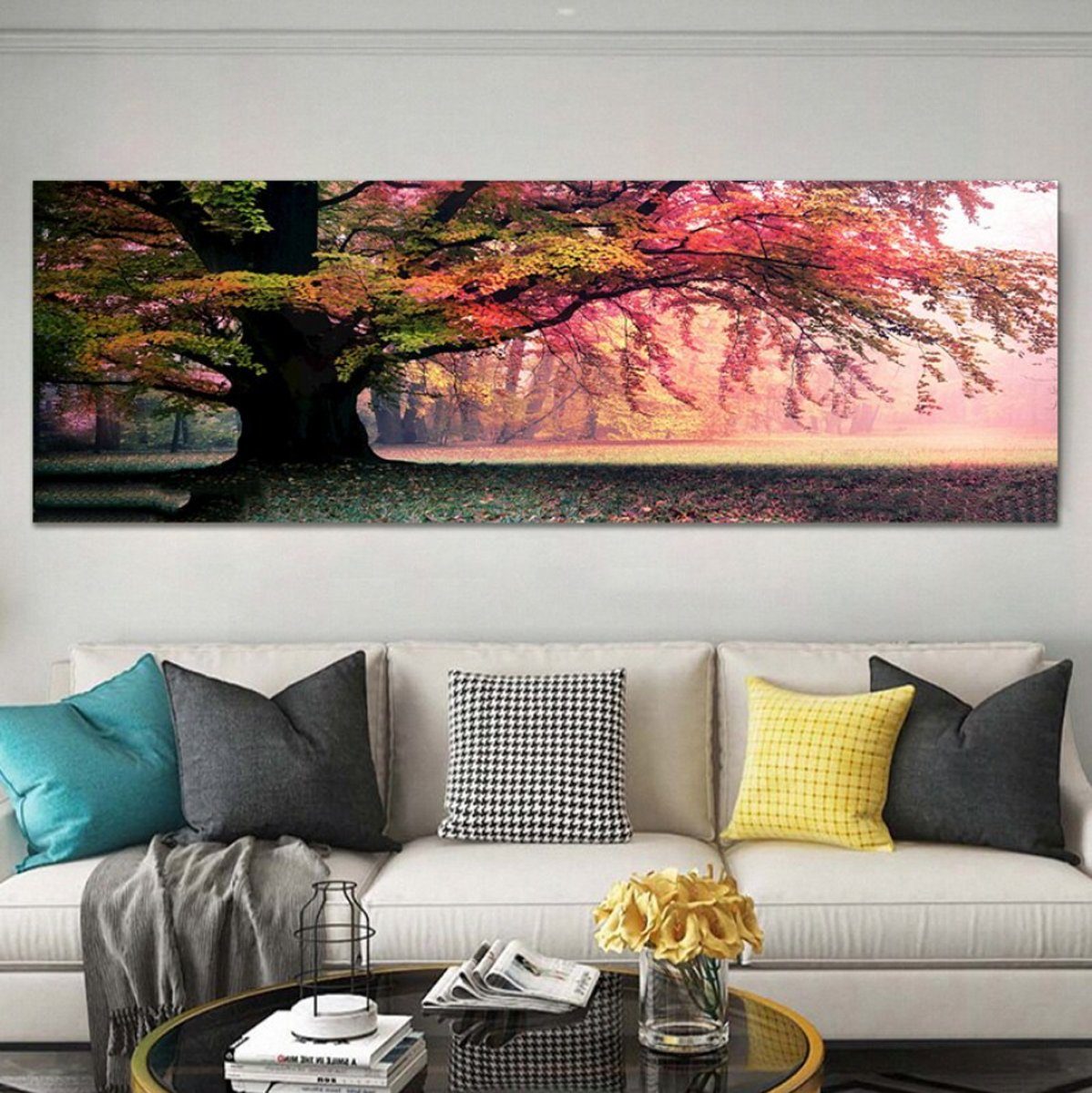 TPFLiving Kunstdruck (OHNE Sonnenschein Gold Wandbild, Grün, Blau, Landschaft RAHMEN) Lila, Rot Poster Baum Leinwand Rot, - Gelb, (Leinwandbild Farben: XXL), Leinwand - Blatt Schwarz -Größe: 20x60cm Grün Gemälde