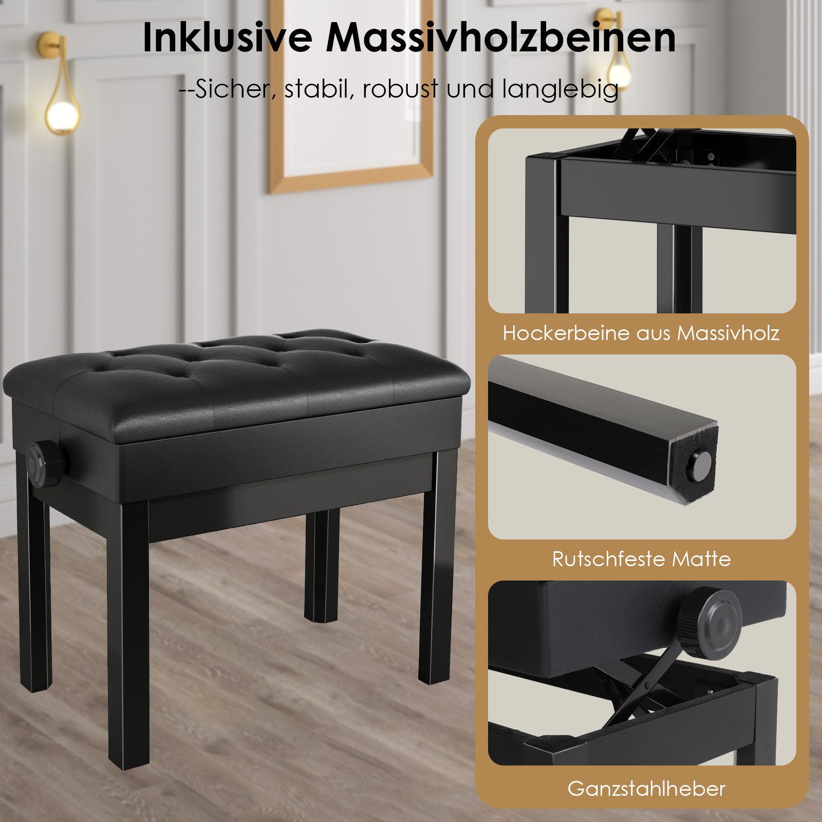 TLGREEN Klavierbank,Klavierhocker Höhenverstellbar 48-58CM (Multifunktional), Pianobank mit Stauraum,PU Lederkissen,bis 150KG Belastbar