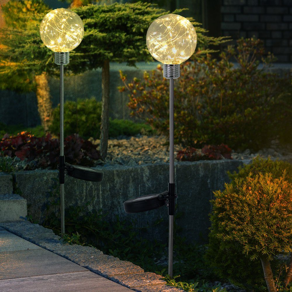etc-shop LED Gartenleuchte, LED-Leuchtmittel fest Garten Warmweiß, Solar Steck Lampen Außen Set 2er Lichterkette Kugel verbaut, LED