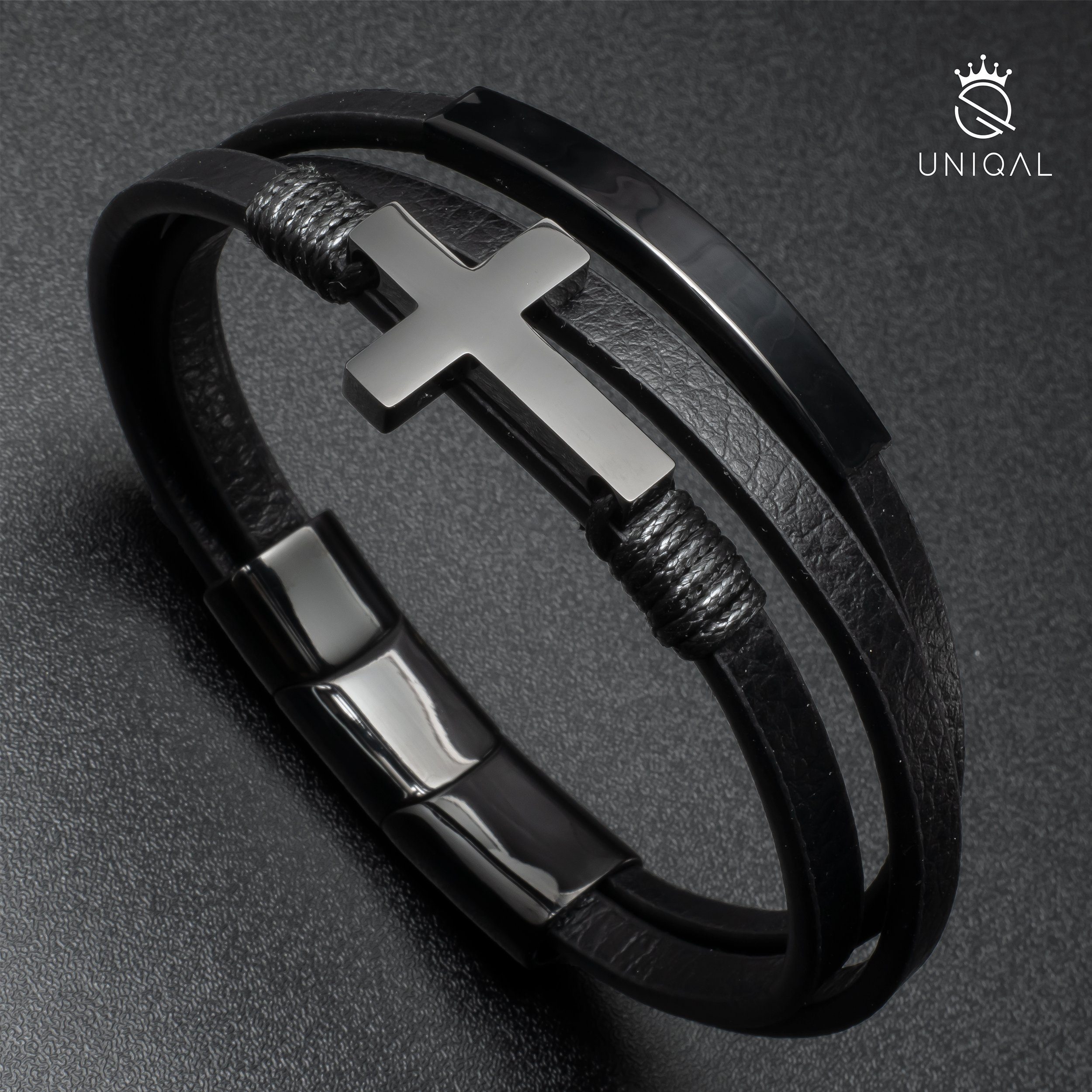 UNIQAL.de Lederarmband Lederarmband Herren mit Kreuz "CHURCH" cross, plate.dreilägig (Edelstahl, Echtleder, Casual Style, Handgefertigt)