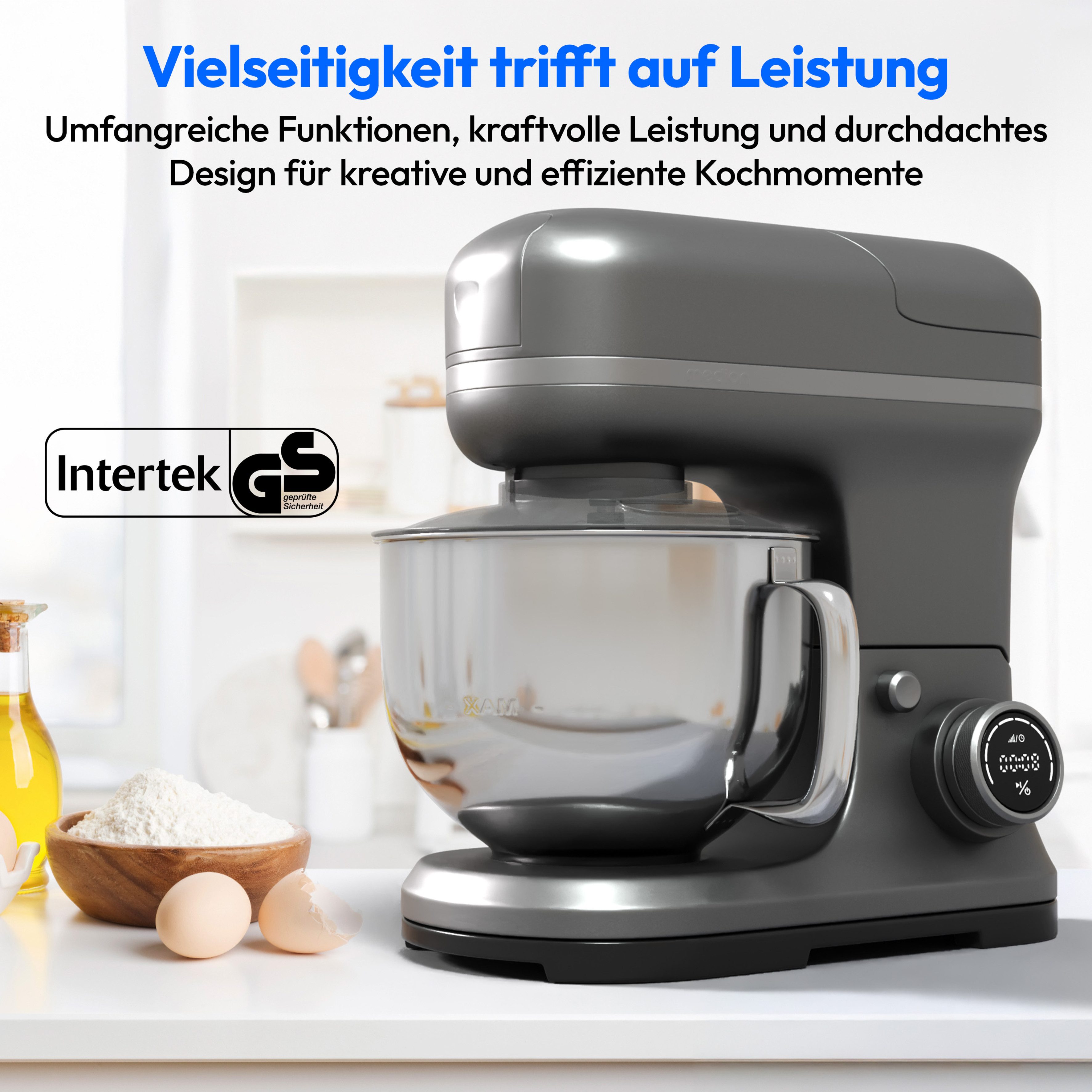 Medion® Küchenmaschine MD 18430, 1200 W, 5 l Schüssel, Mit umfangreichem Zubehör-Set, Mixeraufsatz, Fleischwolf-Aufsatz