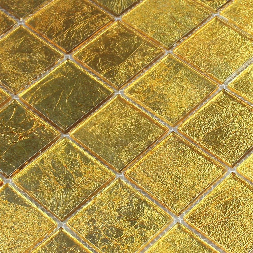 Mosafil Mosaikfliesen Glasmosaik Fliesen Saturn Gold Q48, Glas 30.000x30.000, gold, Verlegefertig auf ein Netz geklebt - Wasserfest