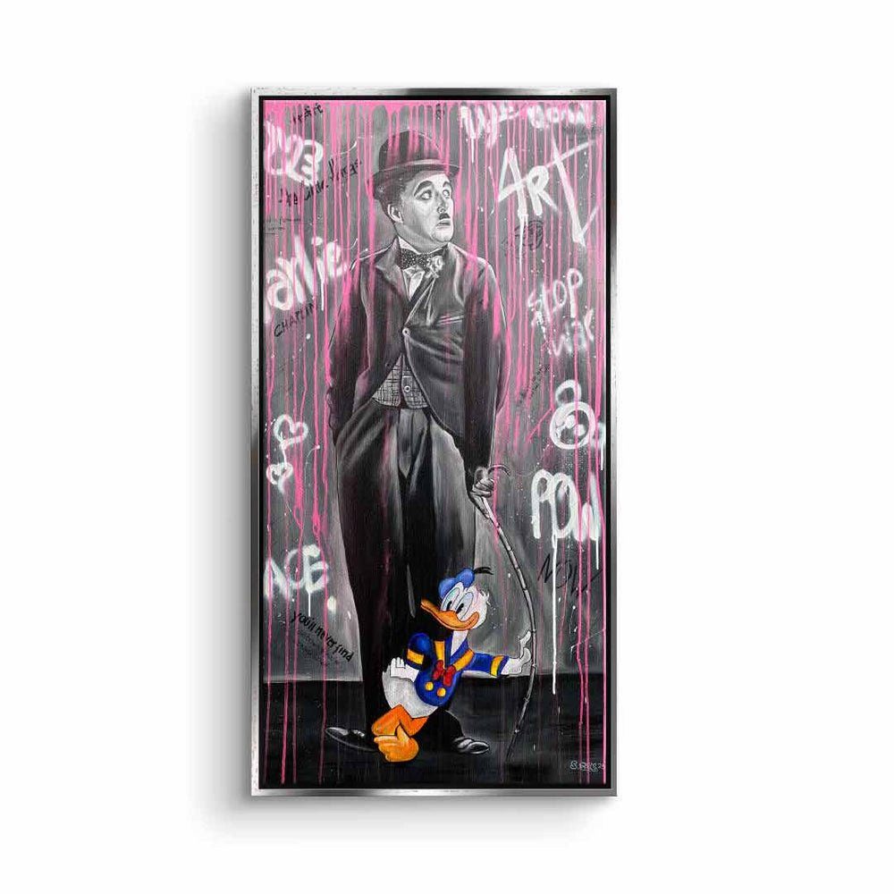 DOTCOMCANVAS® Leinwandbild, Leinwandbild Charlie Chaplin Pop Art Donald Duck mit premium Rahmen silberner Rahmen