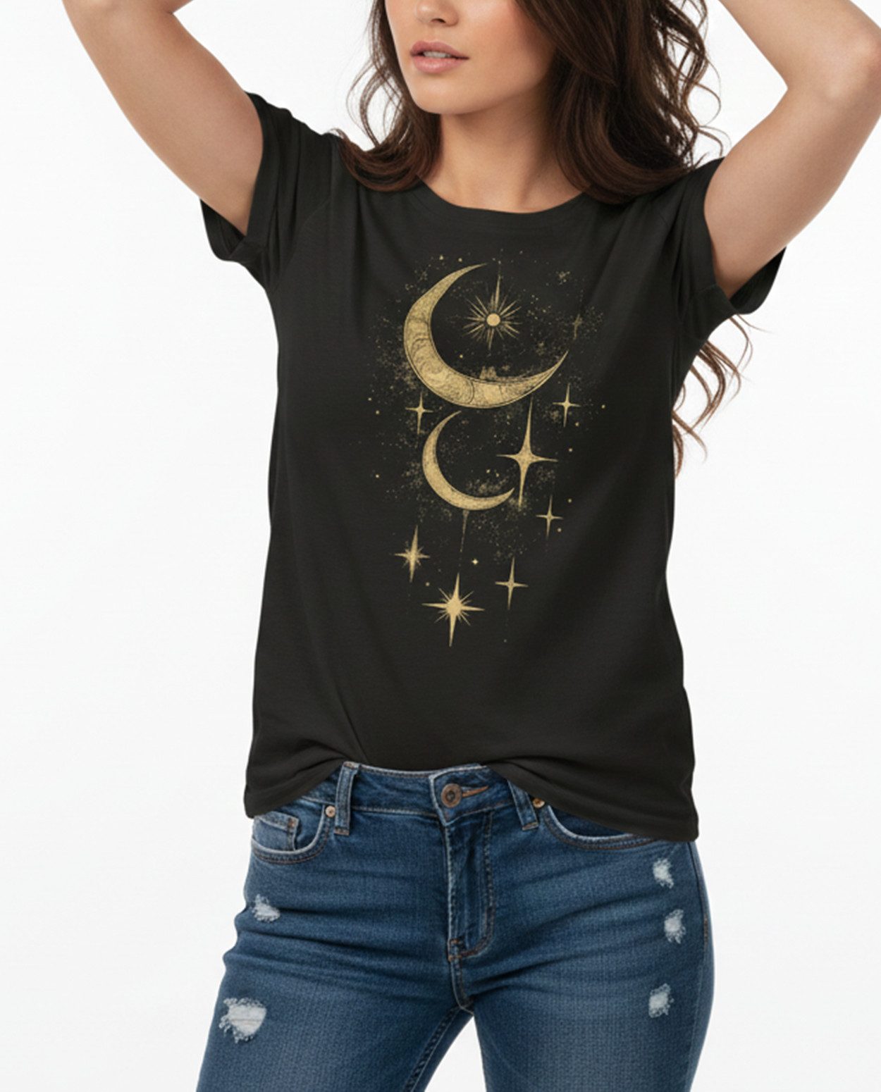 MAKAYA Print-Shirt Damen Stern Motiv Mond Top Vintage Aufdruck Frauen Kurza günstig online kaufen