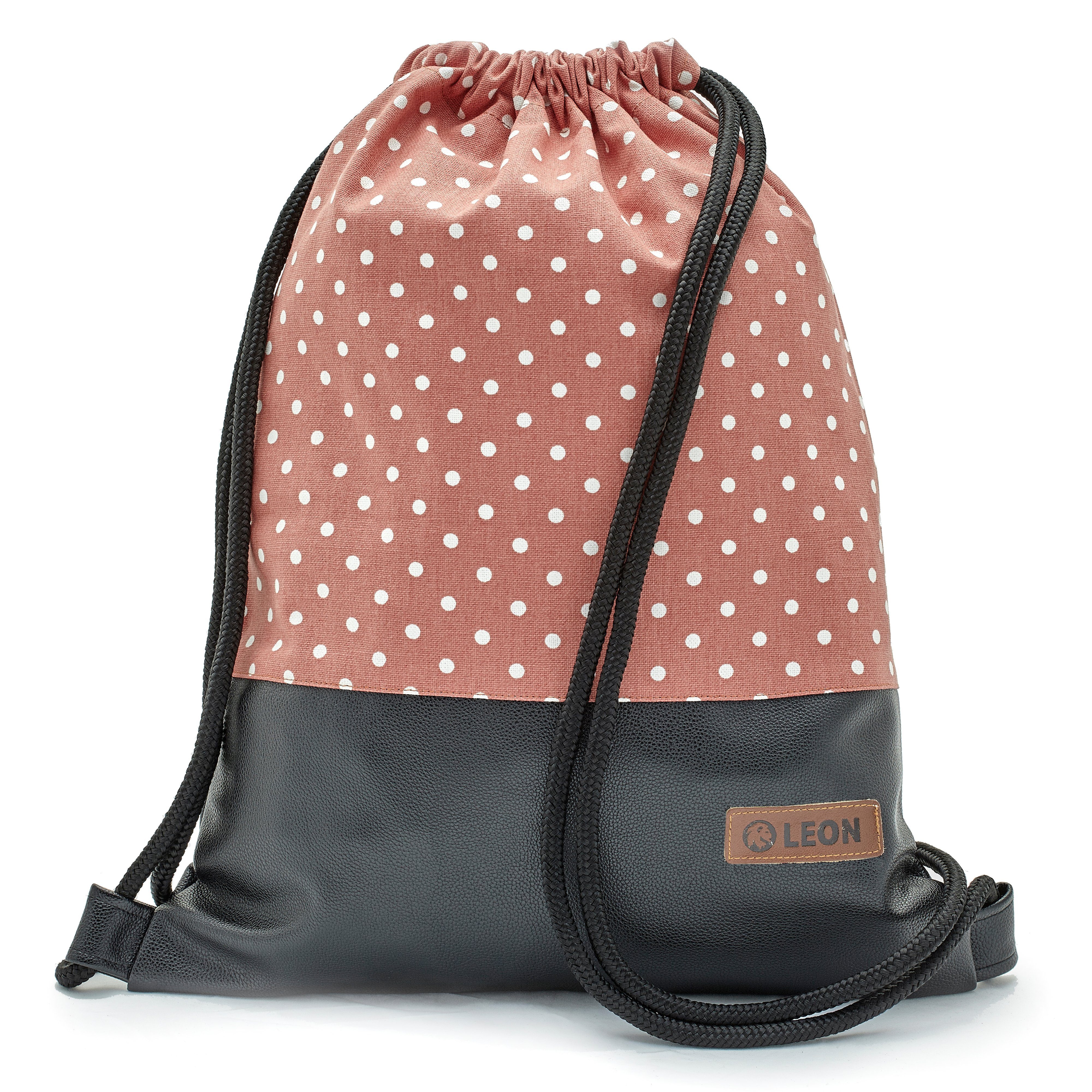 By Bers Freizeitrucksack Leon By Bers Turnbeutel (Tagesrucksack für Strand Sport Festival Freizeit Alltag Einkauf aus Baumwolle Innentasche Schlüsselband), robuste hochwertige Baumwolle - bestens verarbeitet WeißZiegel_PUSchwarz