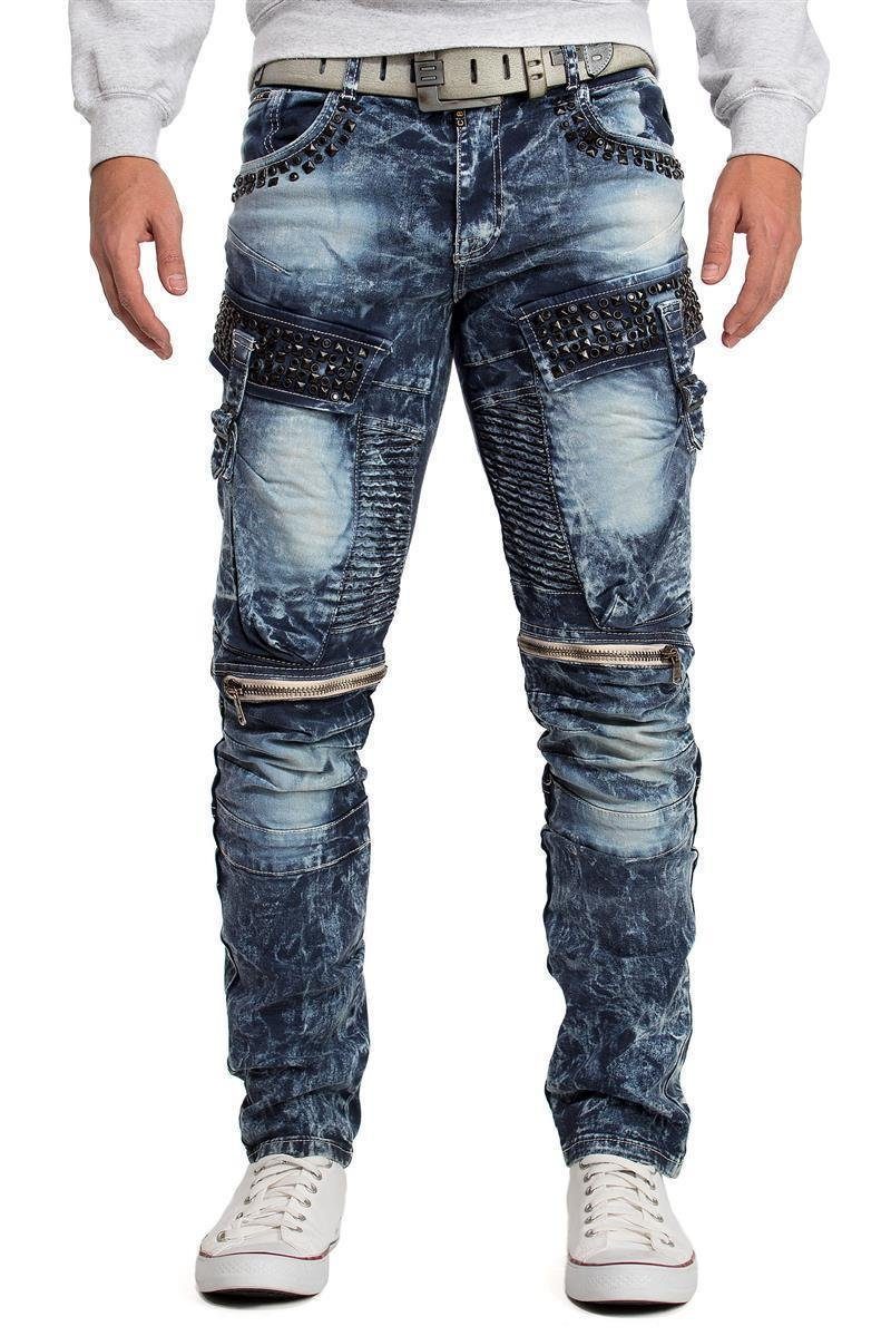 Hose & Seitentaschen Cargo Cipo Strasssteinen blau Baxx Regular-fit-Jeans mit BA-CD494 und