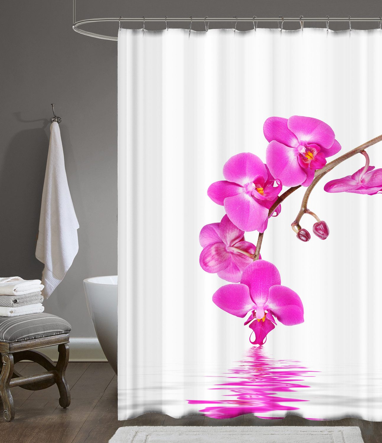 Ekershop Duschvorhang Textil Digitaldruck ORCHIDEEN für Duschstange Breite 240 cm (inkl. Ringe), Höhe 200 cm, wasserabweisend, waschbar, bügelbar