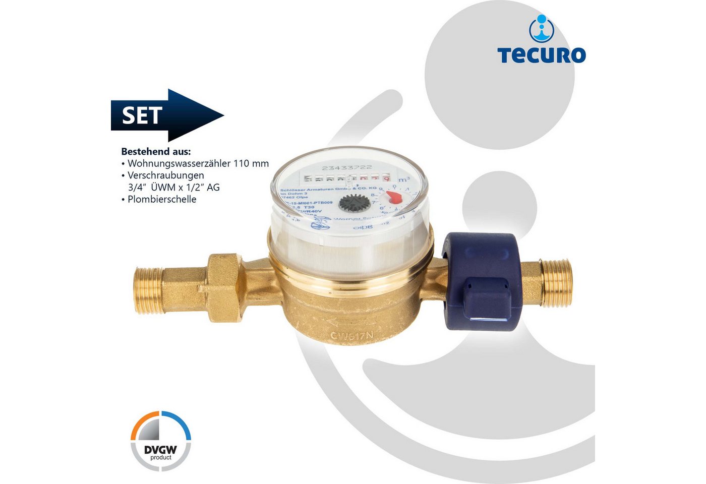 Thumbnail - tecuro Wasserzähler Kombi-Set Kaltwasser bis 30°C - Länge 110 mm, 3/4 Zoll AG, (inkl. Plombiersatz und Dichtung)