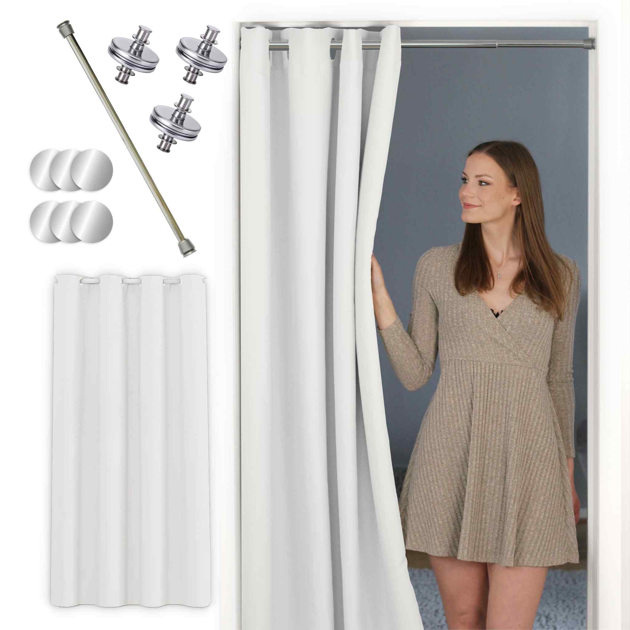 tinycurtains Türvorhang mit Stange silber 70-120 cm Thermo Vorhang ohne Bohren, mit Magneten, Ösen, abdunkelnd, Polyester, weiß Purity, Türgardine mit Klemmstange Raumtrenner verdunkelnd